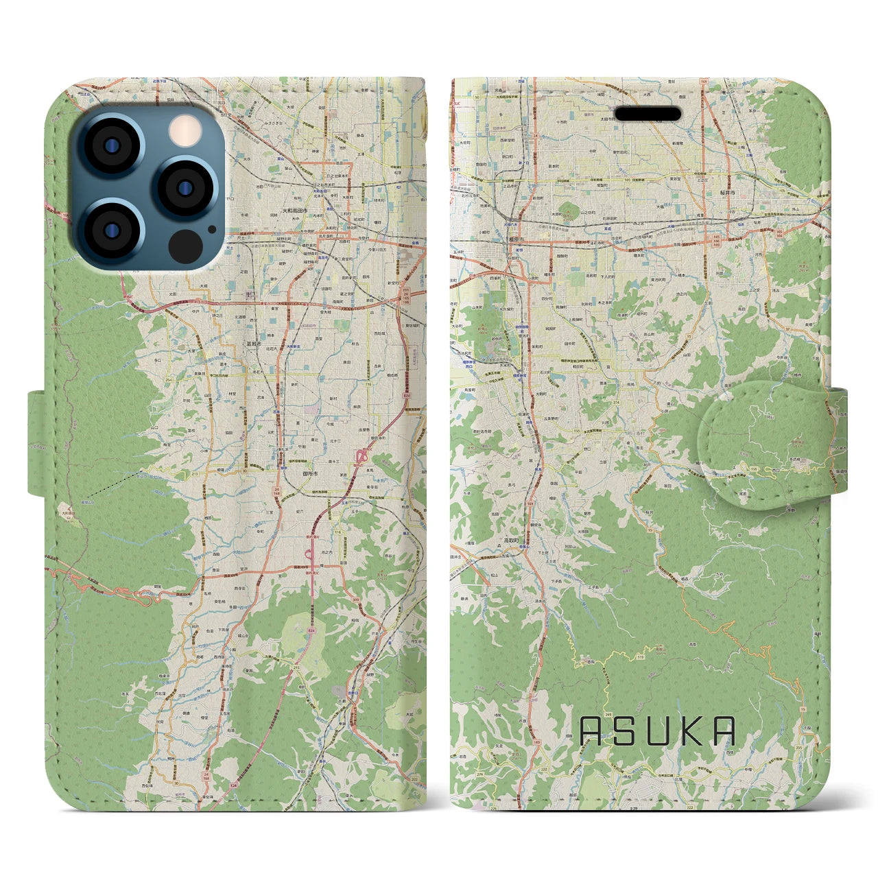 【明日香(奈良県)】地図柄iPhoneケース(手帳タイプ)ナチュラル・iPhone 12 / 12 Pro 用