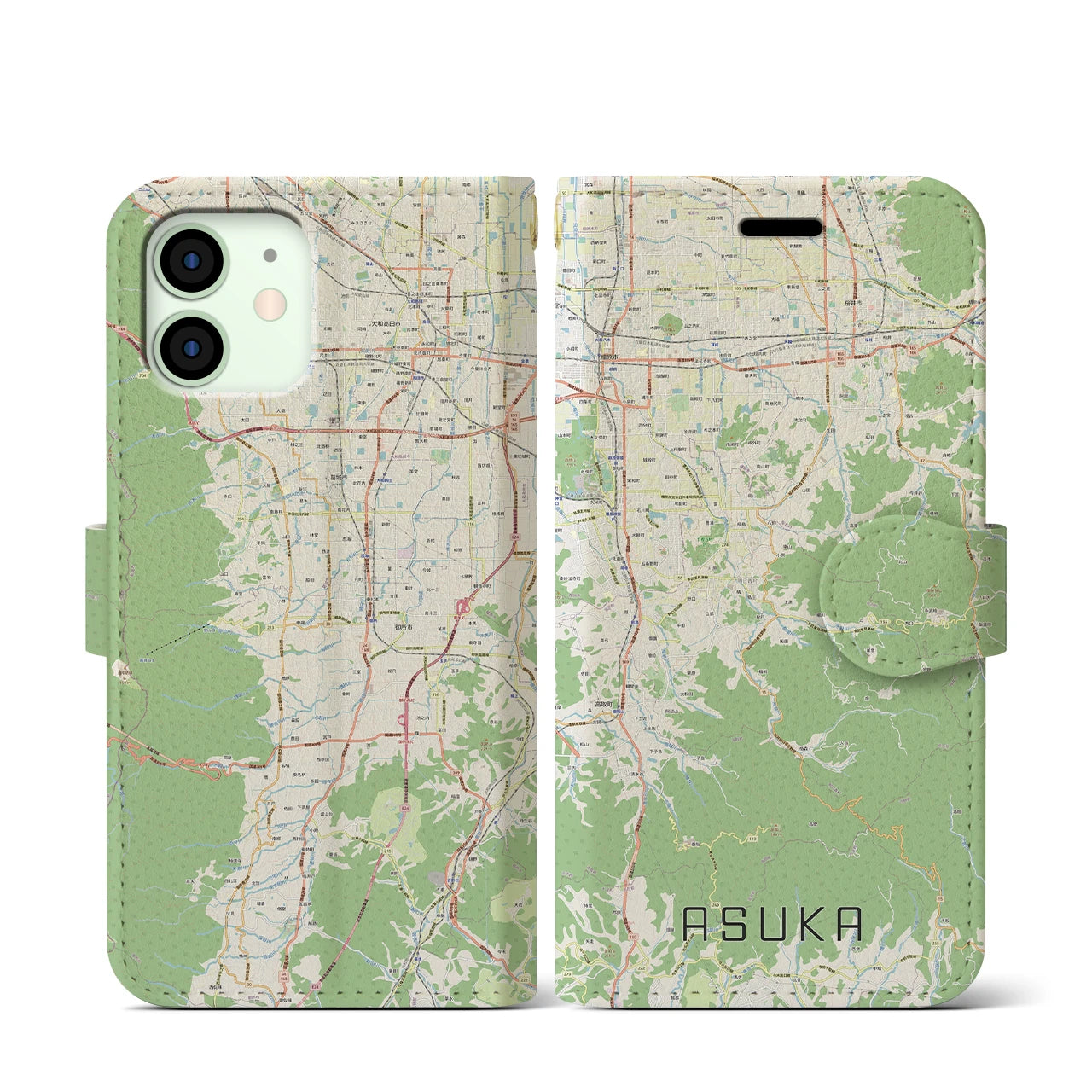 【明日香(奈良県)】地図柄iPhoneケース(手帳タイプ)ナチュラル・iPhone 12 mini 用