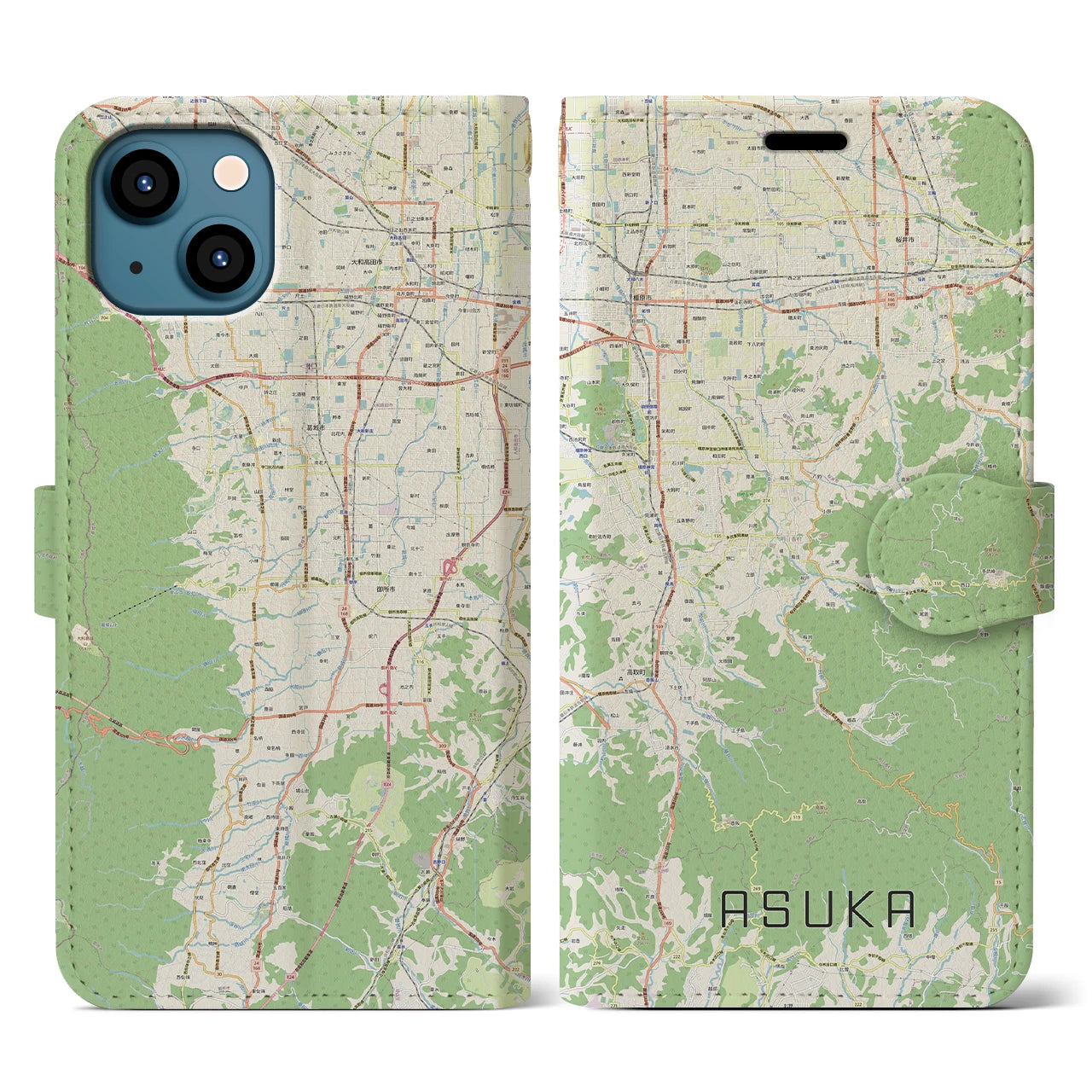 【明日香(奈良県)】地図柄iPhoneケース(手帳タイプ)ナチュラル・iPhone 13 用