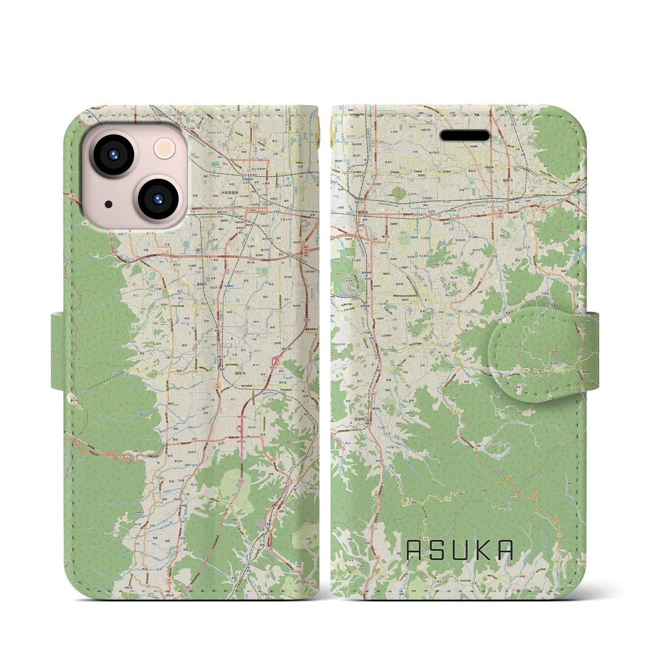 【明日香(奈良県)】地図柄iPhoneケース(手帳タイプ)ナチュラル・iPhone 13 mini 用