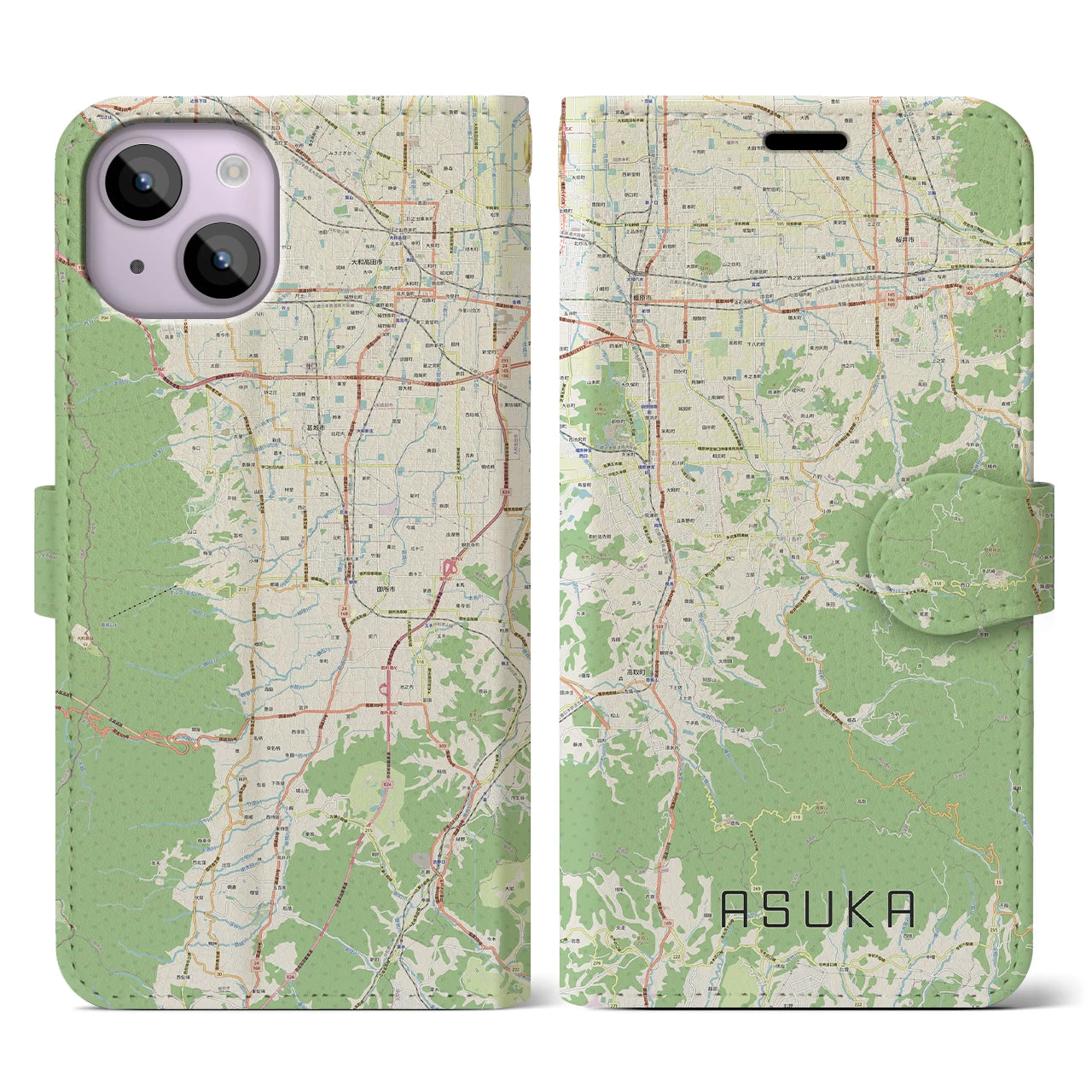 【明日香(奈良県)】地図柄iPhoneケース(手帳タイプ)ナチュラル・iPhone 14 用