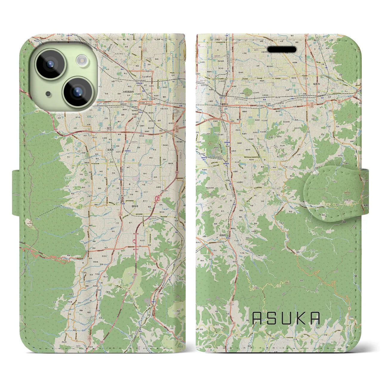 【明日香(奈良県)】地図柄iPhoneケース(手帳タイプ)ナチュラル・iPhone 15 用