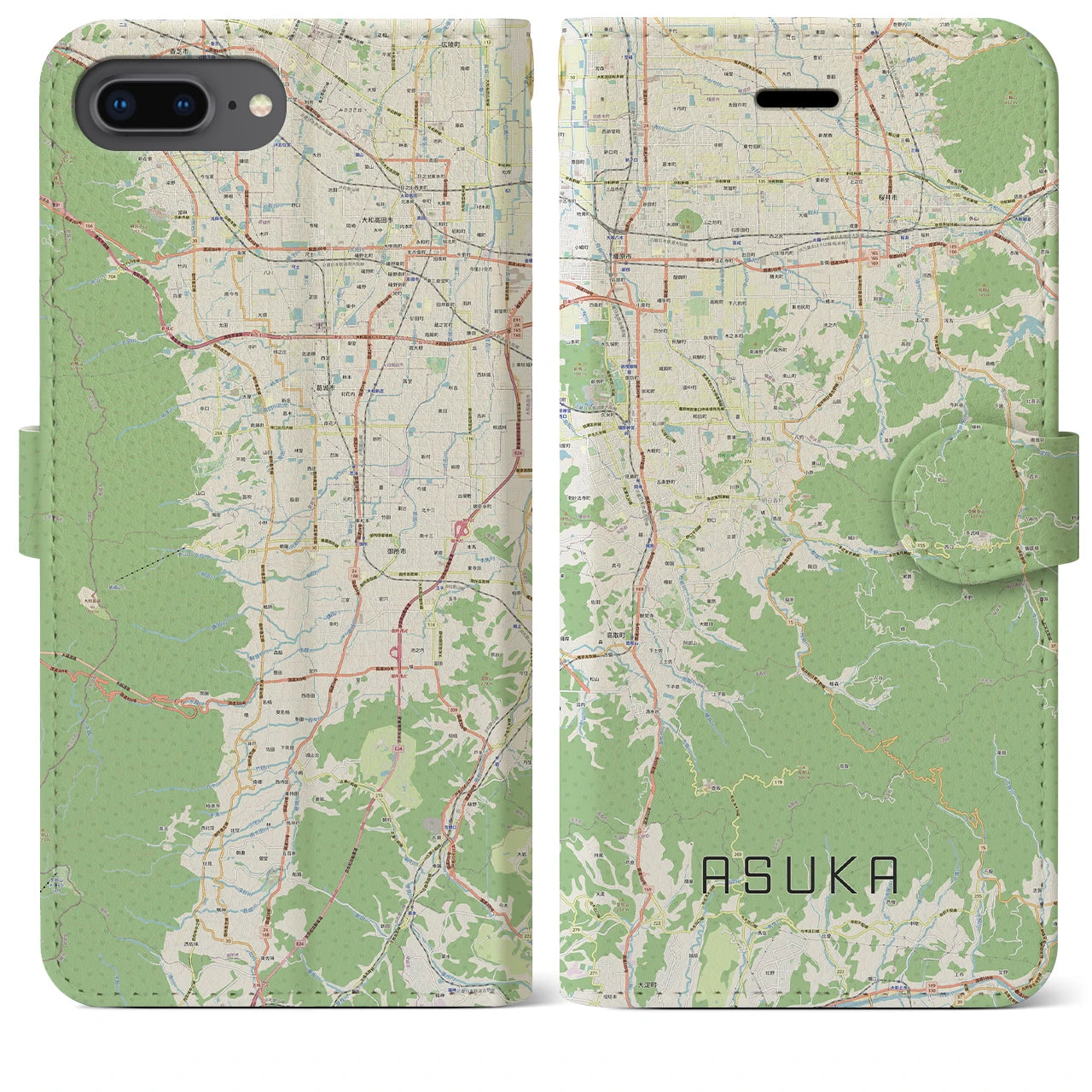 【明日香(奈良県)】地図柄iPhoneケース(手帳タイプ)ナチュラル・iPhone 8Plus /7Plus / 6sPlus / 6Plus 用