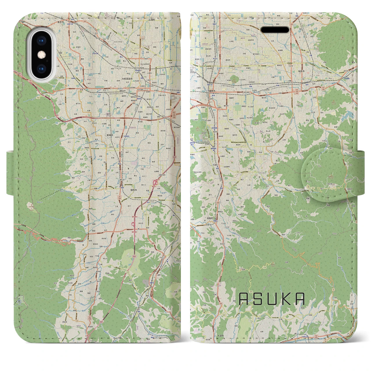 【明日香(奈良県)】地図柄iPhoneケース(手帳タイプ)ナチュラル・iPhone XS Max 用