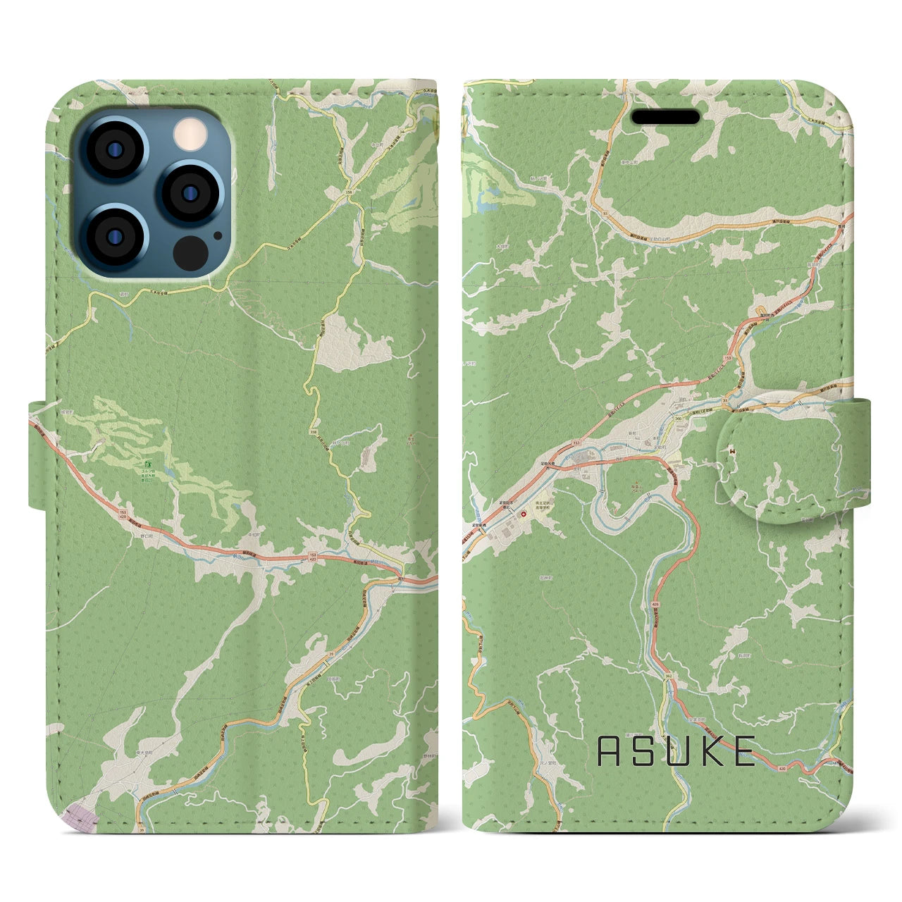 【足助(愛知県)】地図柄iPhoneケース(手帳タイプ)ナチュラル・iPhone 12 / 12 Pro 用