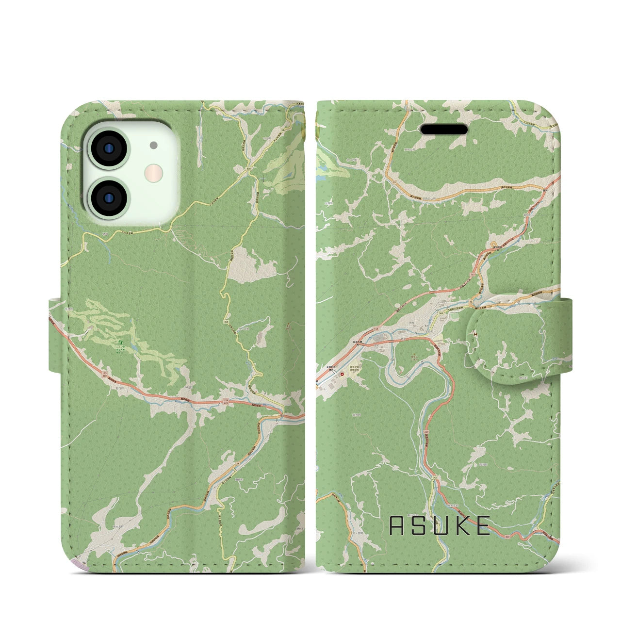 【足助(愛知県)】地図柄iPhoneケース(手帳タイプ)ナチュラル・iPhone 12 mini 用
