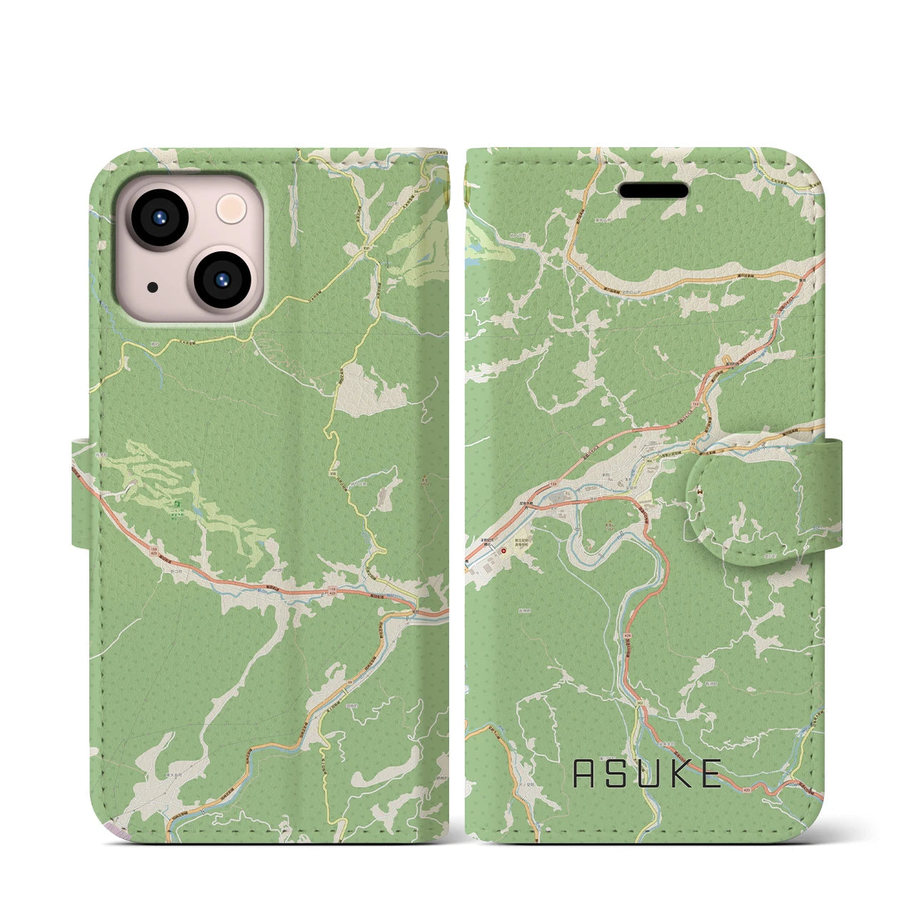 【足助(愛知県)】地図柄iPhoneケース(手帳タイプ)ナチュラル・iPhone 13 mini 用