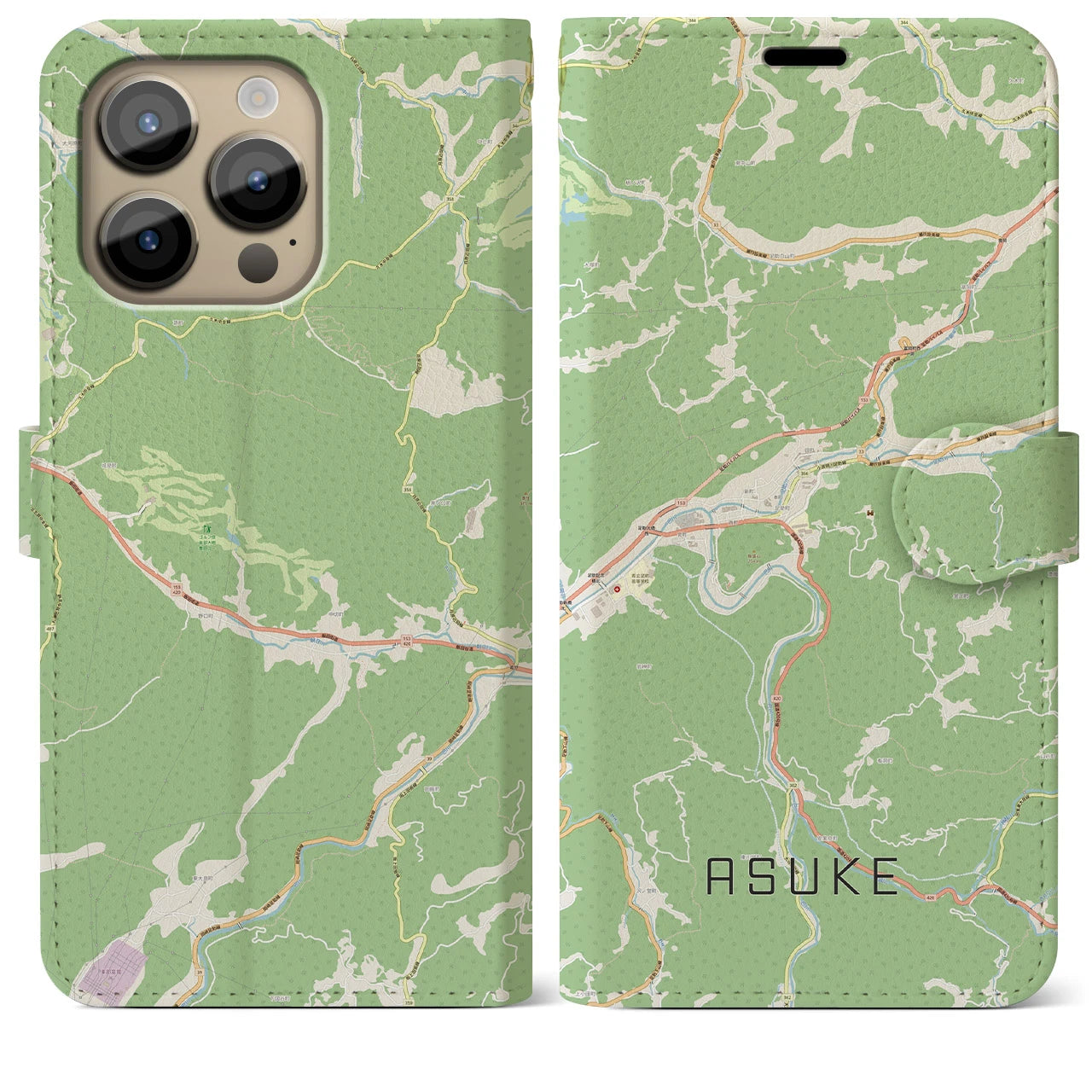 【足助(愛知県)】地図柄iPhoneケース(手帳タイプ)ナチュラル・iPhone 14 Pro Max 用