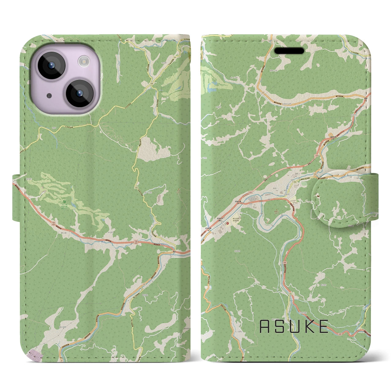 【足助(愛知県)】地図柄iPhoneケース(手帳タイプ)ナチュラル・iPhone 14 用