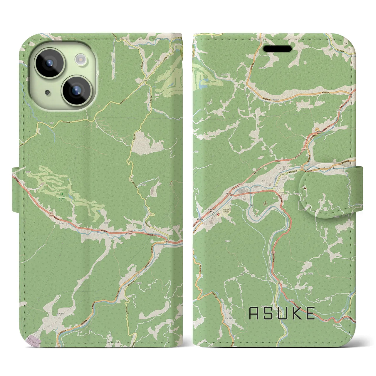【足助(愛知県)】地図柄iPhoneケース(手帳タイプ)ナチュラル・iPhone 15 用