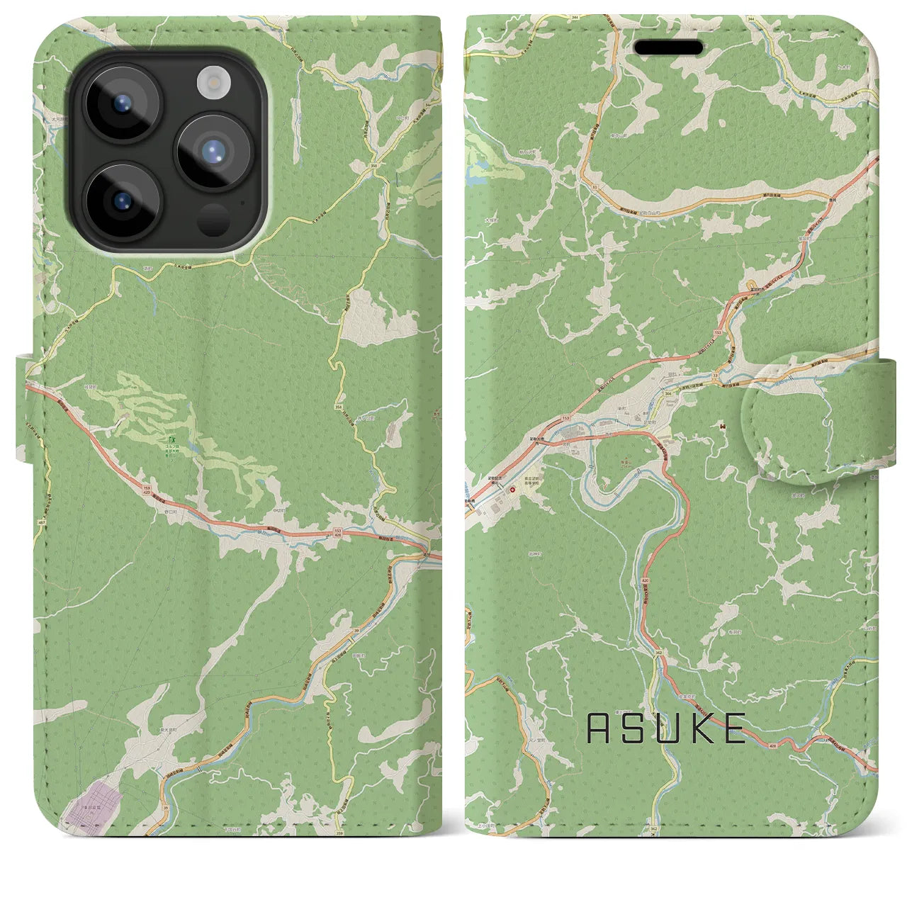 【足助(愛知県)】地図柄iPhoneケース(手帳タイプ)ナチュラル・iPhone 15 Pro Max 用