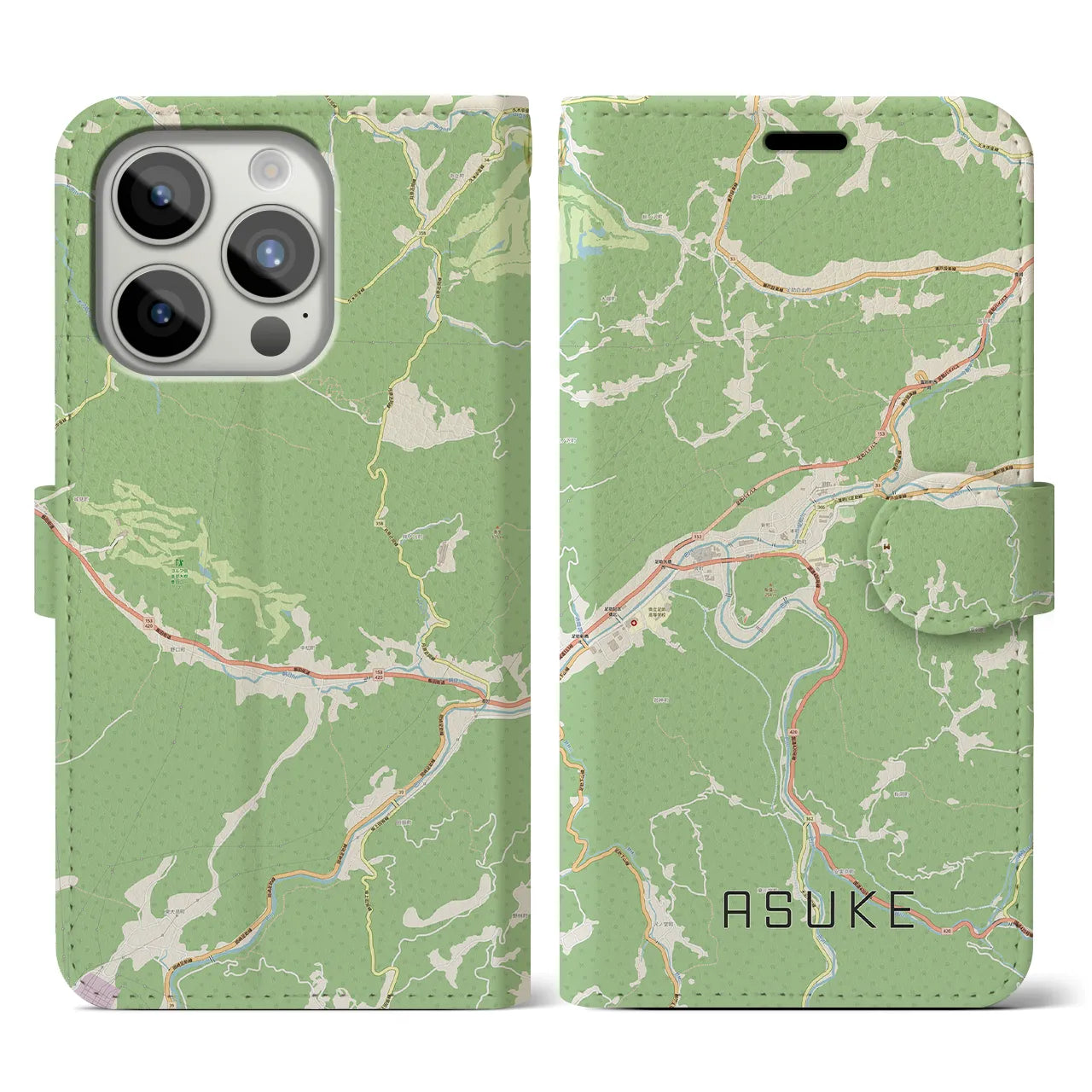 【足助(愛知県)】地図柄iPhoneケース(手帳タイプ)ナチュラル・iPhone 15 Pro 用