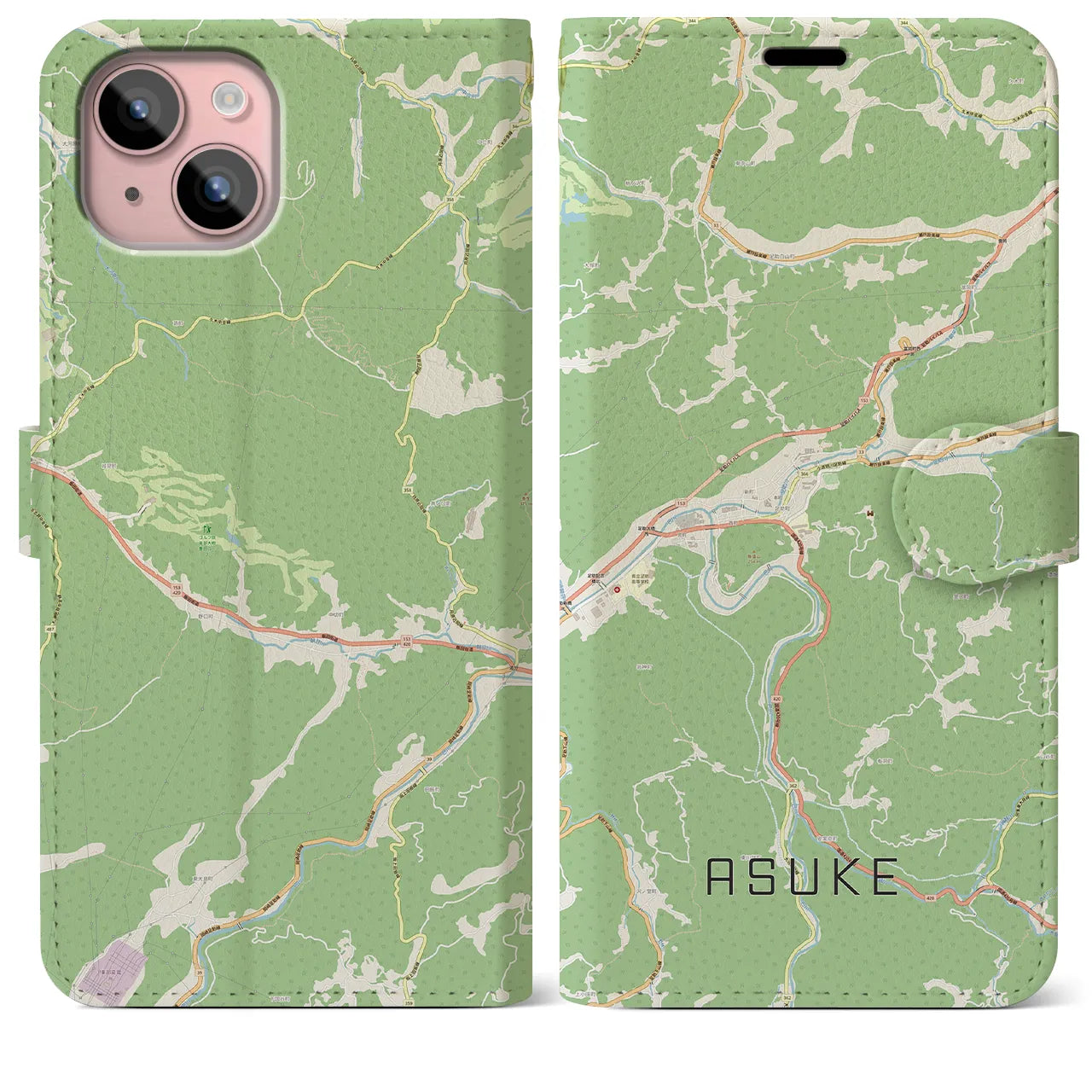 【足助(愛知県)】地図柄iPhoneケース(手帳タイプ)ナチュラル・iPhone 15 Plus 用