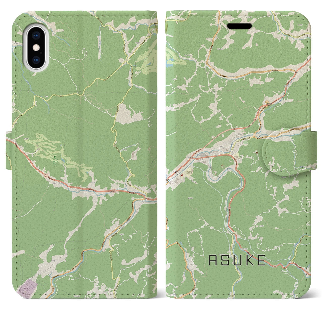 【足助(愛知県)】地図柄iPhoneケース(手帳タイプ)ナチュラル・iPhone XS Max 用