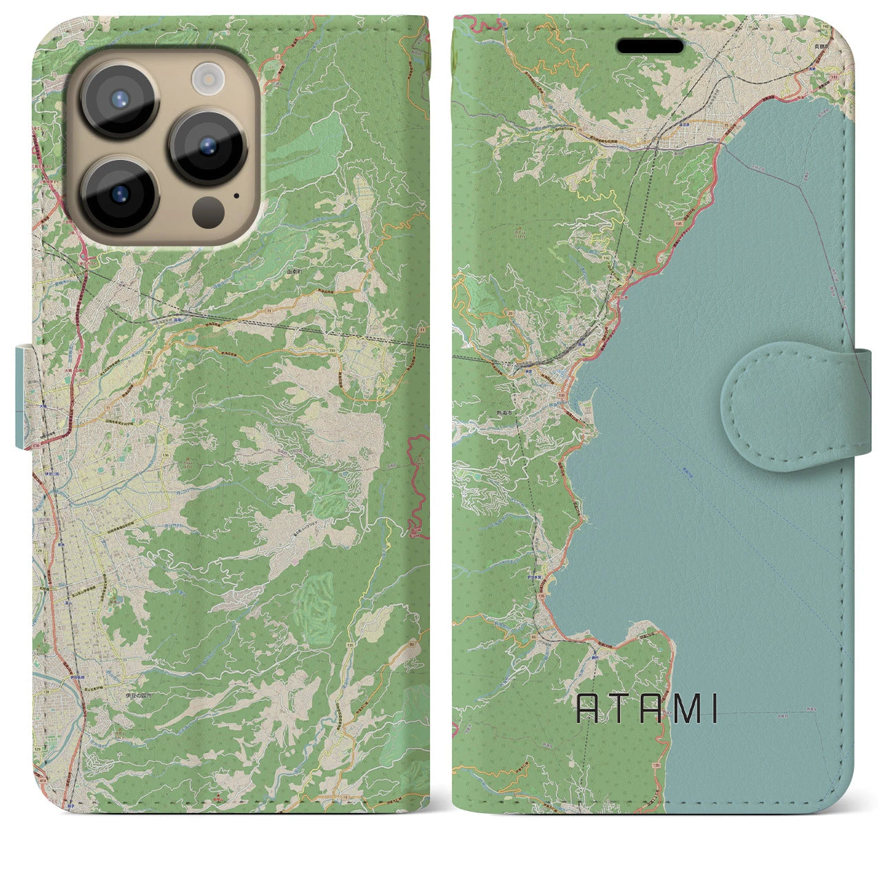 【熱海(静岡県)】地図柄iPhoneケース(手帳タイプ)ナチュラル・iPhone 14 Pro Max 用