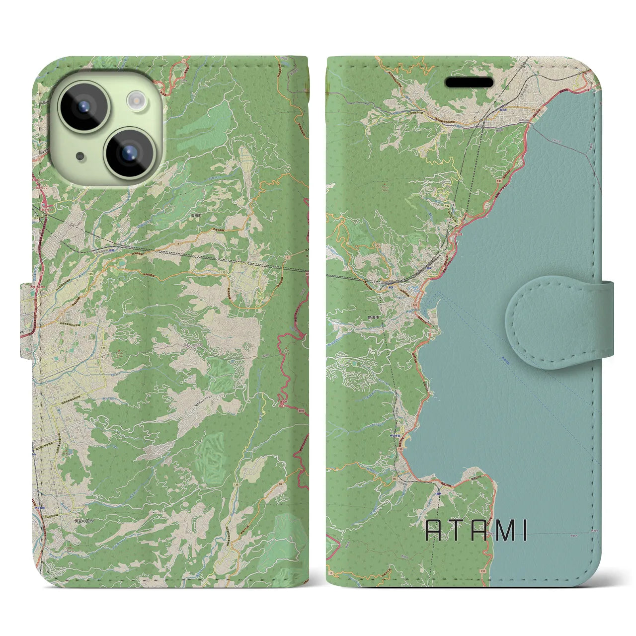 【熱海(静岡県)】地図柄iPhoneケース(手帳タイプ)ナチュラル・iPhone 15 用