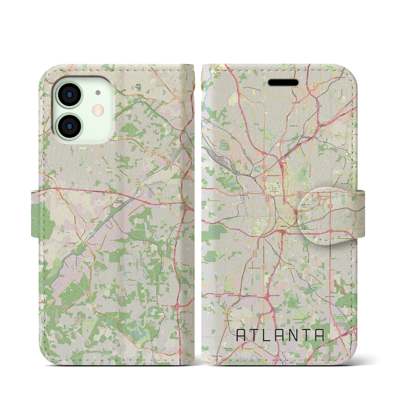 【アトランタ(アメリカ)】地図柄iPhoneケース(手帳タイプ)ナチュラル・iPhone 12 mini 用