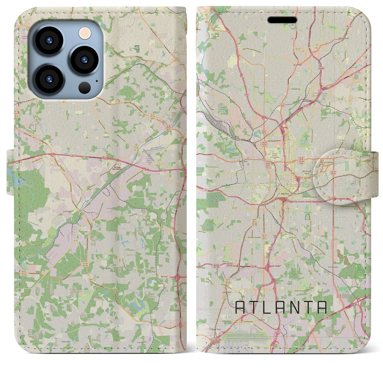【アトランタ(アメリカ)】地図柄iPhoneケース(手帳タイプ)ナチュラル・iPhone 13 Pro Max 用
