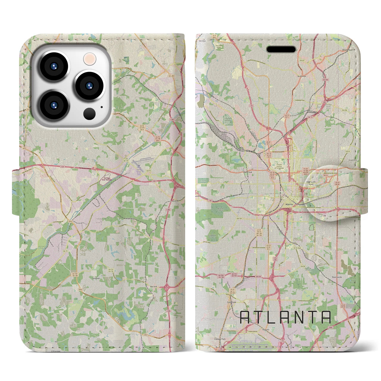 【アトランタ(アメリカ)】地図柄iPhoneケース(手帳タイプ)ナチュラル・iPhone 13 Pro 用