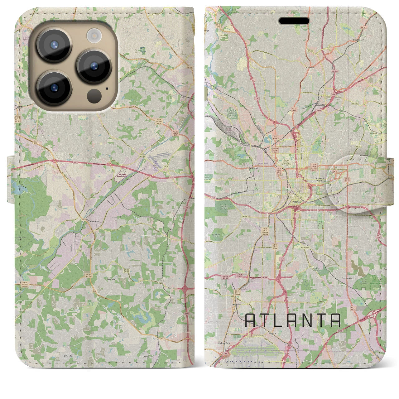 【アトランタ(アメリカ)】地図柄iPhoneケース(手帳タイプ)ナチュラル・iPhone 14 Pro Max 用