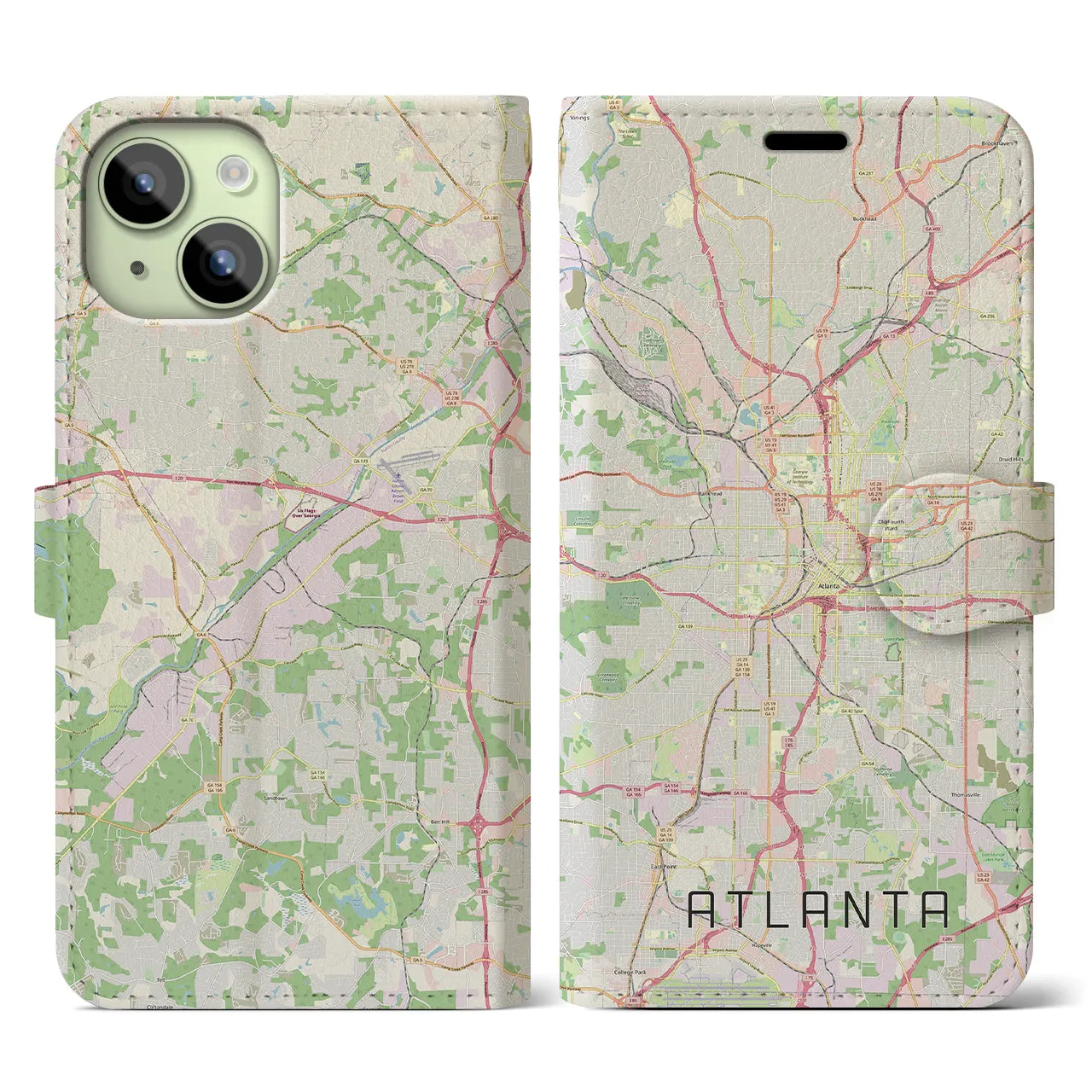 【アトランタ(アメリカ)】地図柄iPhoneケース(手帳タイプ)ナチュラル・iPhone 15 用