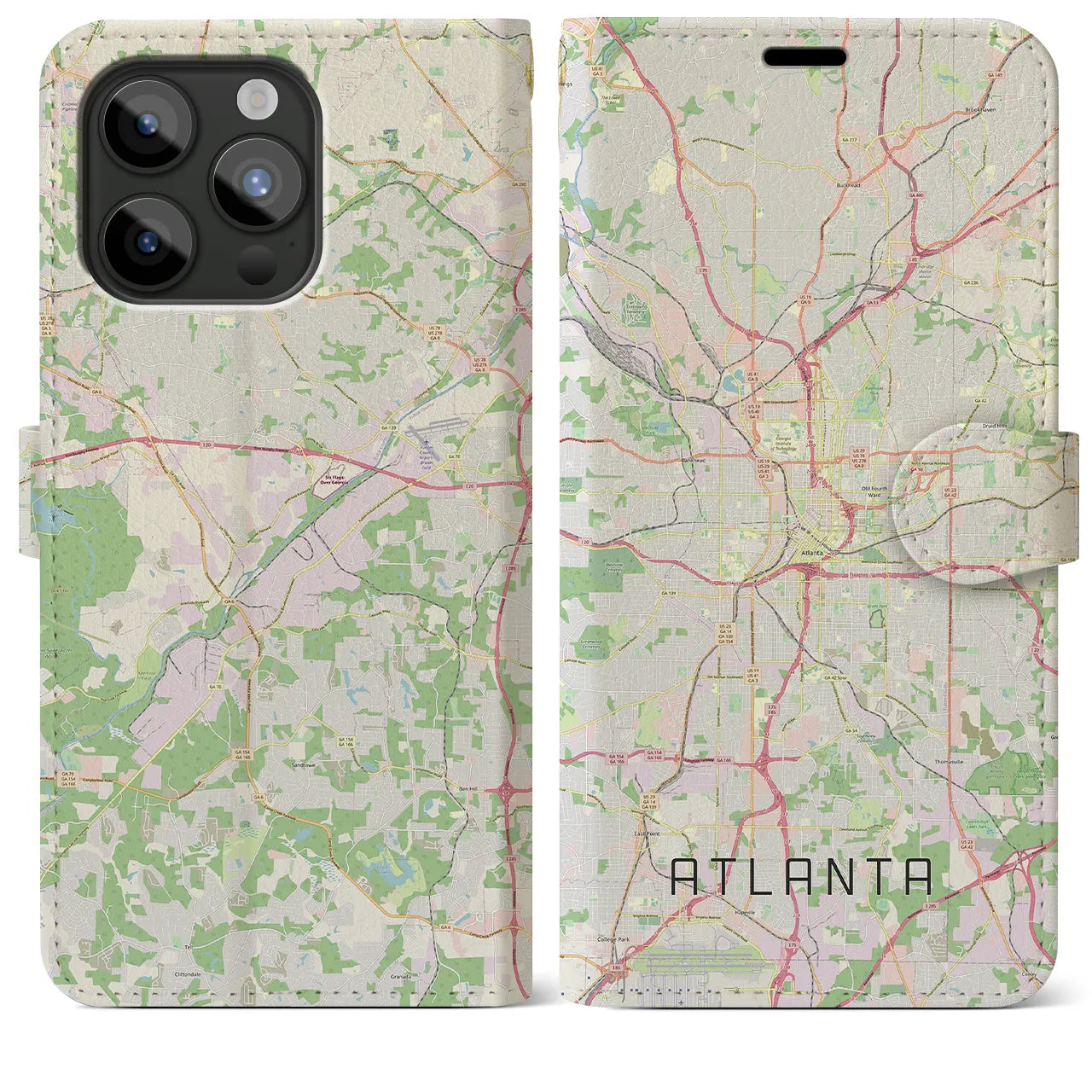【アトランタ(アメリカ)】地図柄iPhoneケース(手帳タイプ)ナチュラル・iPhone 15 Pro Max 用