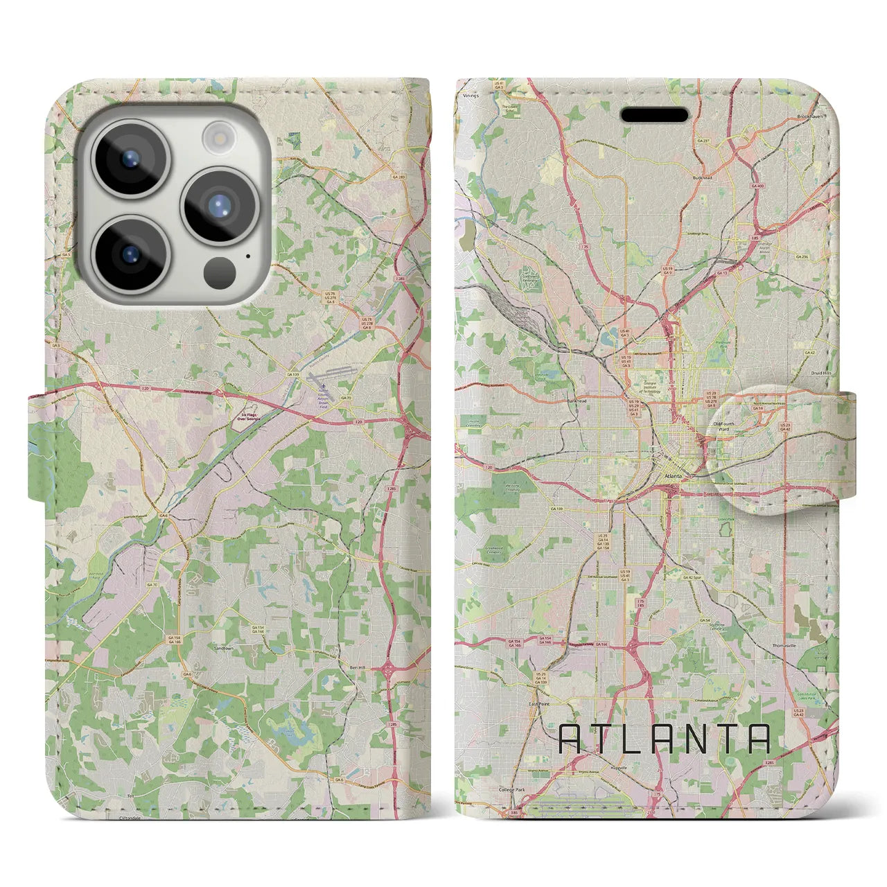 【アトランタ(アメリカ)】地図柄iPhoneケース(手帳タイプ)ナチュラル・iPhone 15 Pro 用