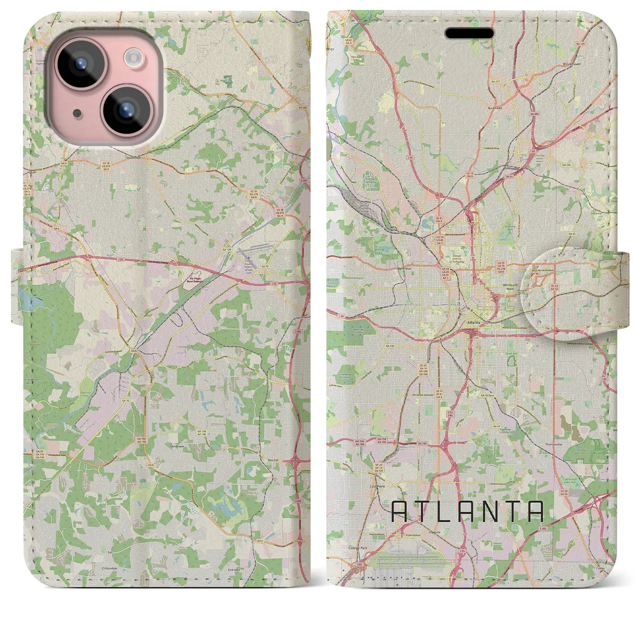 【アトランタ(アメリカ)】地図柄iPhoneケース(手帳タイプ)ナチュラル・iPhone 15 Plus 用