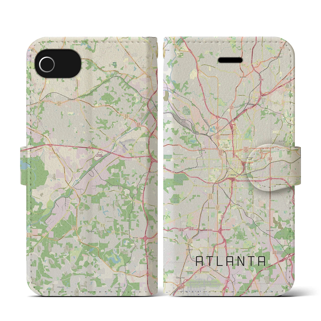 【アトランタ(アメリカ)】地図柄iPhoneケース(手帳タイプ)ナチュラル・iPhone SE(第3 / 第2世代) / 8 / 7 / 6s / 6 用