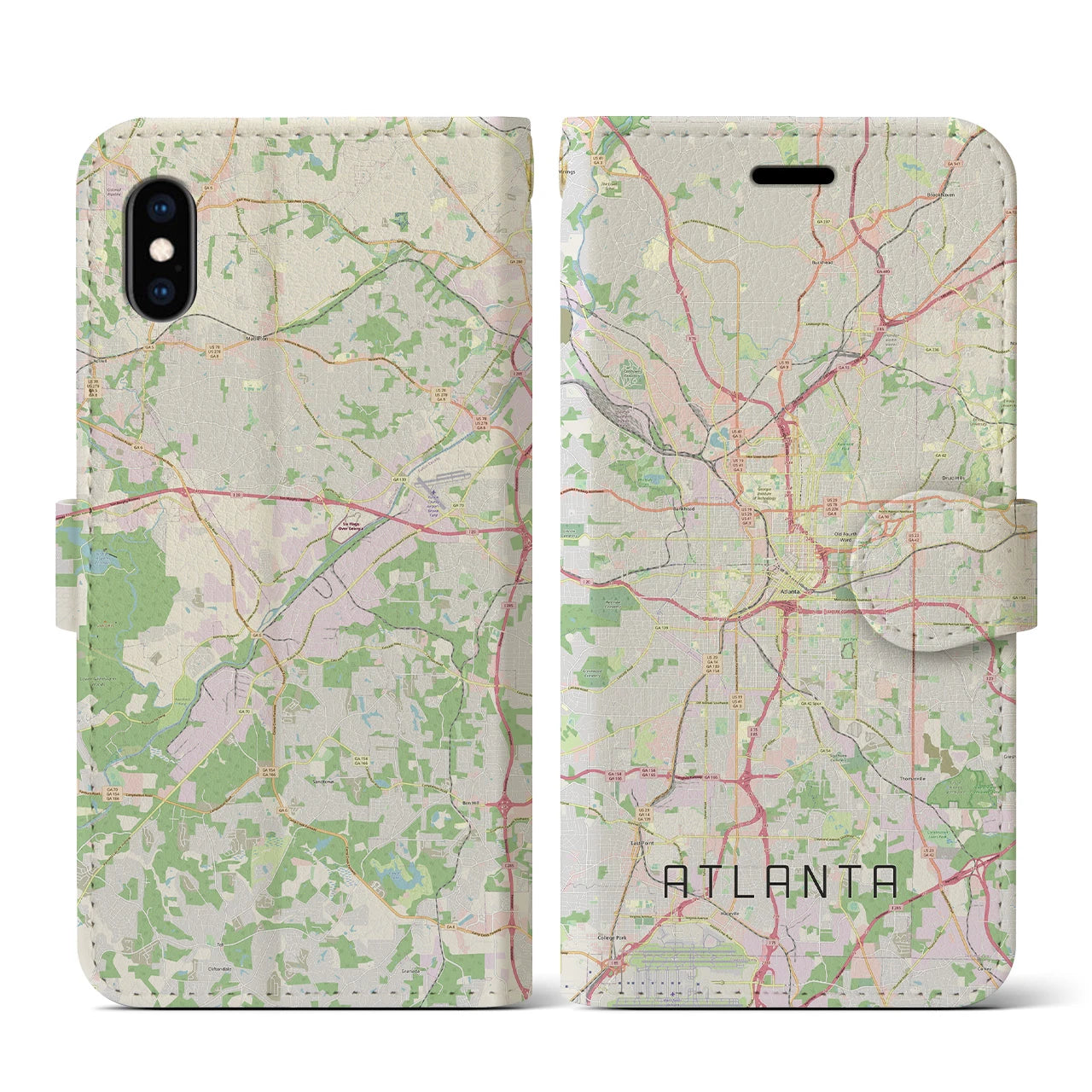 【アトランタ(アメリカ)】地図柄iPhoneケース(手帳タイプ)ナチュラル・iPhone XS / X 用