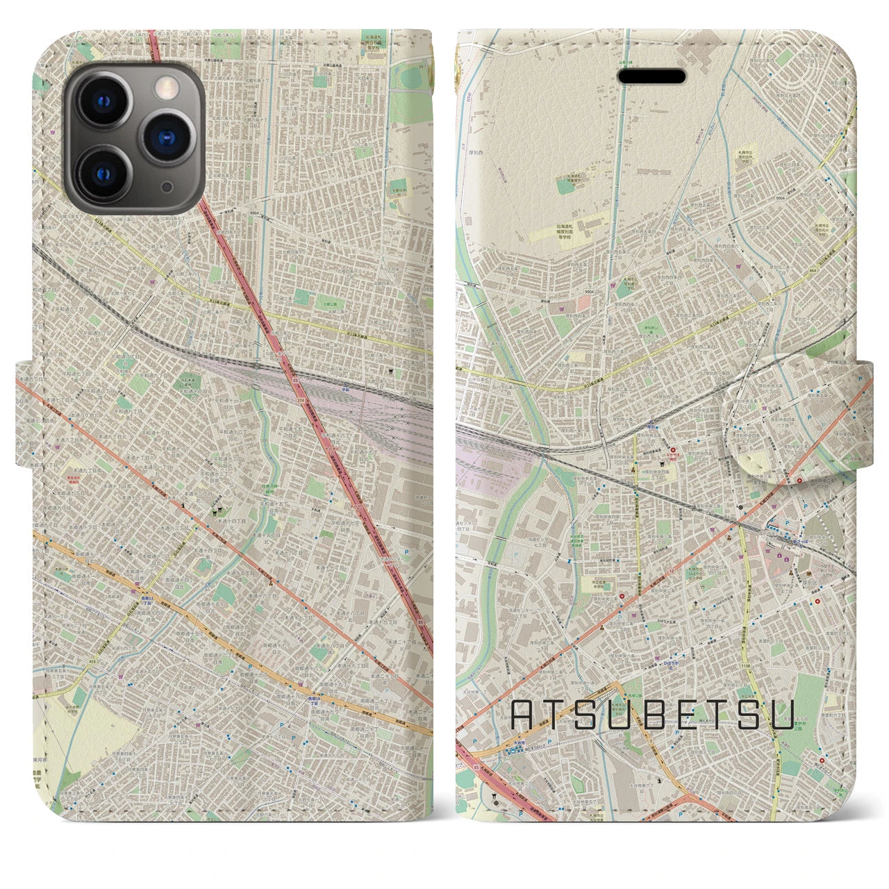 【厚別(北海道)】地図柄iPhoneケース(手帳タイプ)ナチュラル・iPhone 11 Pro Max 用