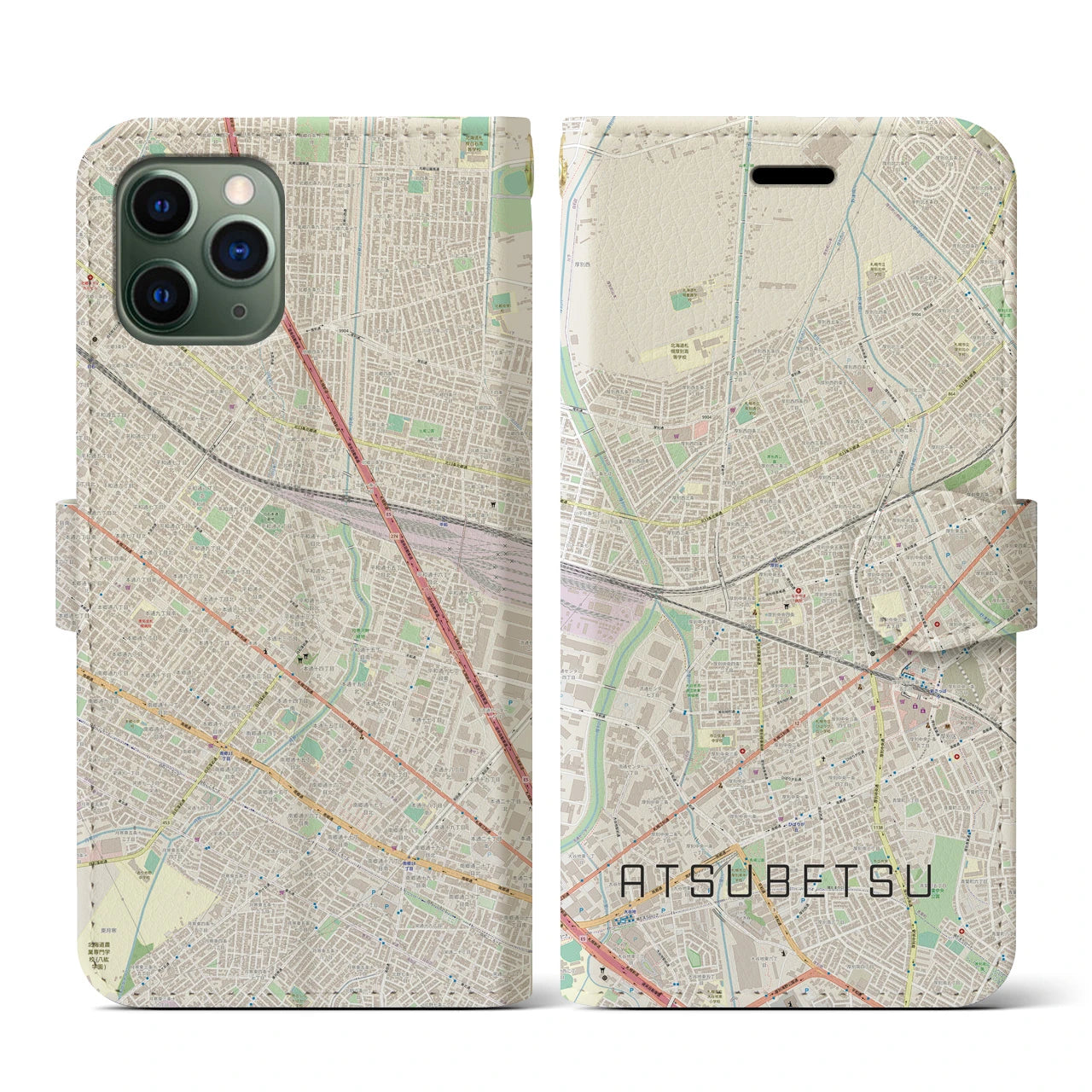 【厚別(北海道)】地図柄iPhoneケース(手帳タイプ)ナチュラル・iPhone 11 Pro 用