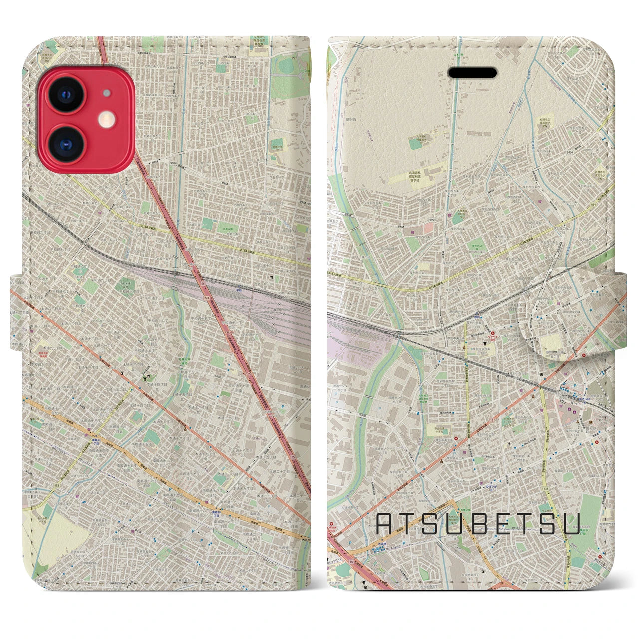 【厚別(北海道)】地図柄iPhoneケース(手帳タイプ)ナチュラル・iPhone 11 用