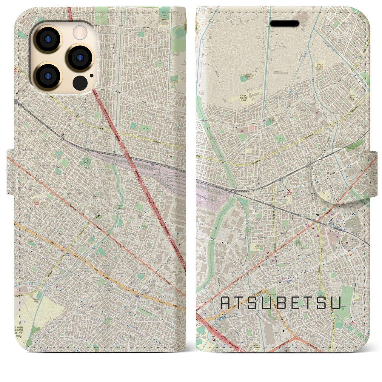 【厚別(北海道)】地図柄iPhoneケース(手帳タイプ)ナチュラル・iPhone 12 Pro Max 用