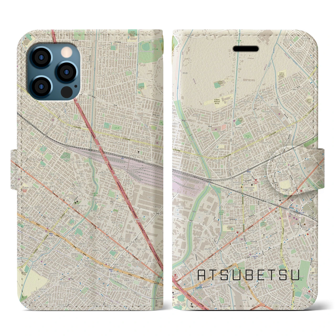 【厚別(北海道)】地図柄iPhoneケース(手帳タイプ)ナチュラル・iPhone 12 / 12 Pro 用