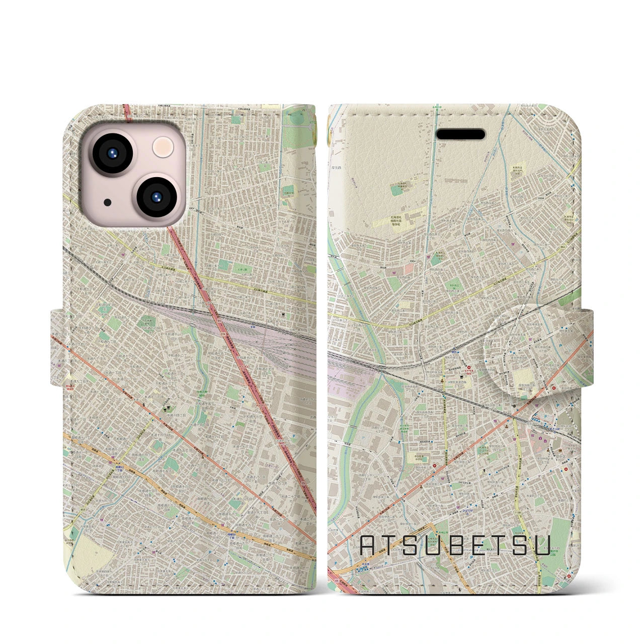 【厚別(北海道)】地図柄iPhoneケース(手帳タイプ)ナチュラル・iPhone 13 mini 用