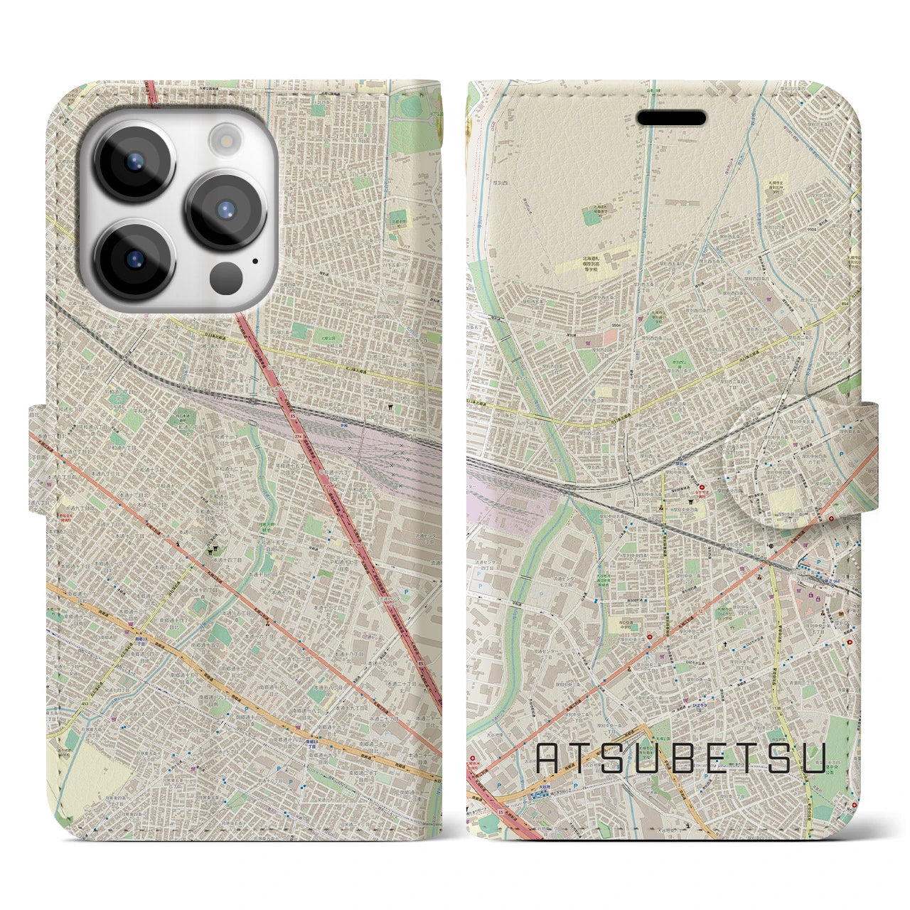 【厚別(北海道)】地図柄iPhoneケース(手帳タイプ)ナチュラル・iPhone 14 Pro 用