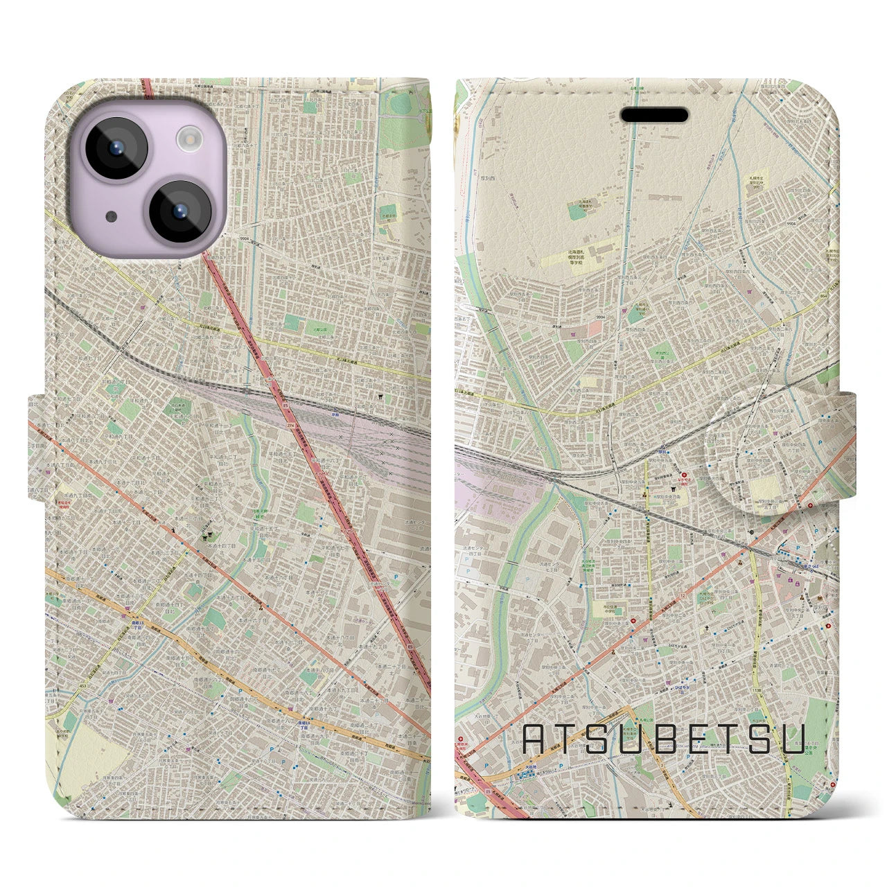 【厚別(北海道)】地図柄iPhoneケース(手帳タイプ)ナチュラル・iPhone 14 用