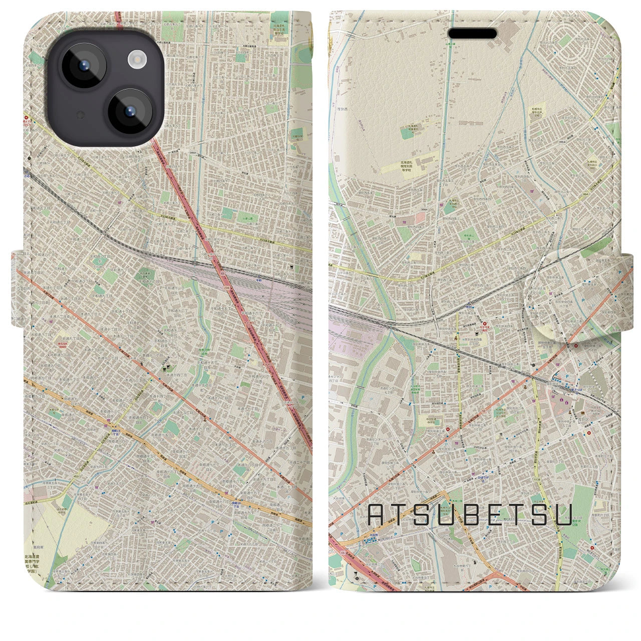 【厚別(北海道)】地図柄iPhoneケース(手帳タイプ)ナチュラル・iPhone 14 Plus 用