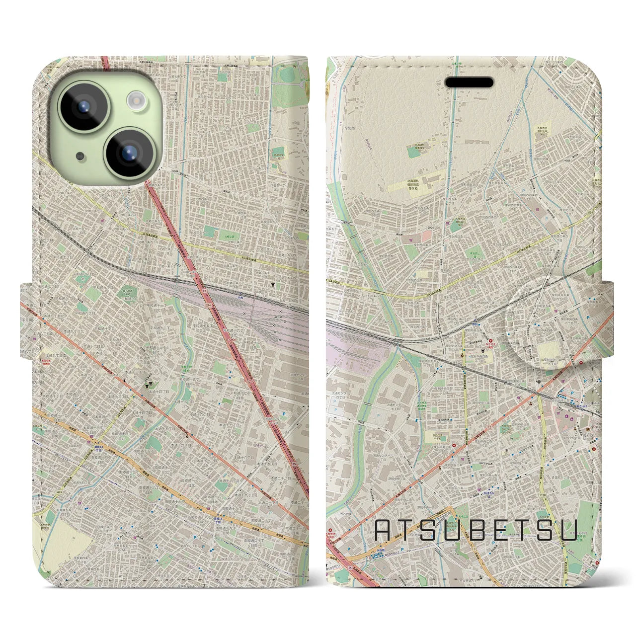 【厚別(北海道)】地図柄iPhoneケース(手帳タイプ)ナチュラル・iPhone 15 用