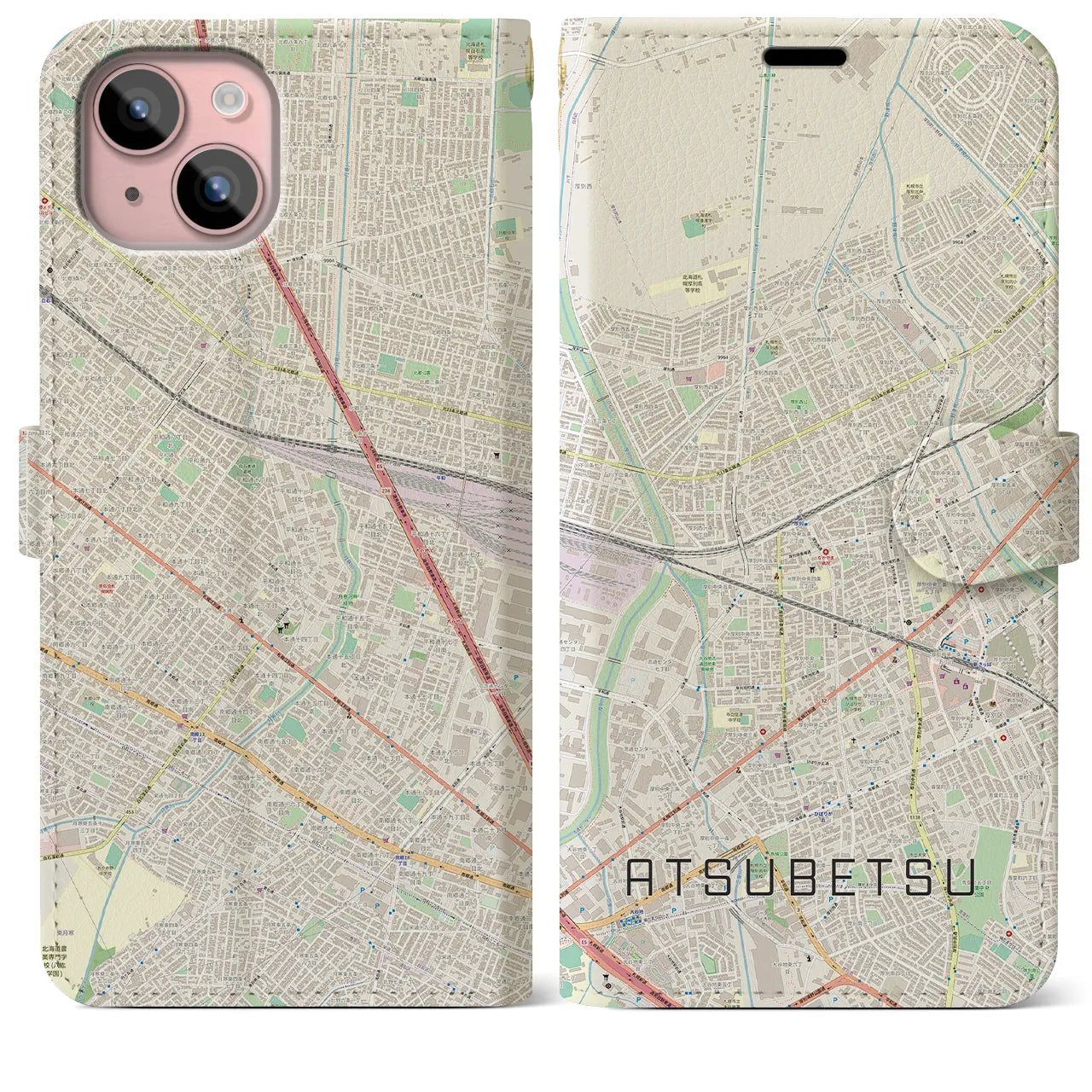 【厚別(北海道)】地図柄iPhoneケース(手帳タイプ)ナチュラル・iPhone 15 Plus 用