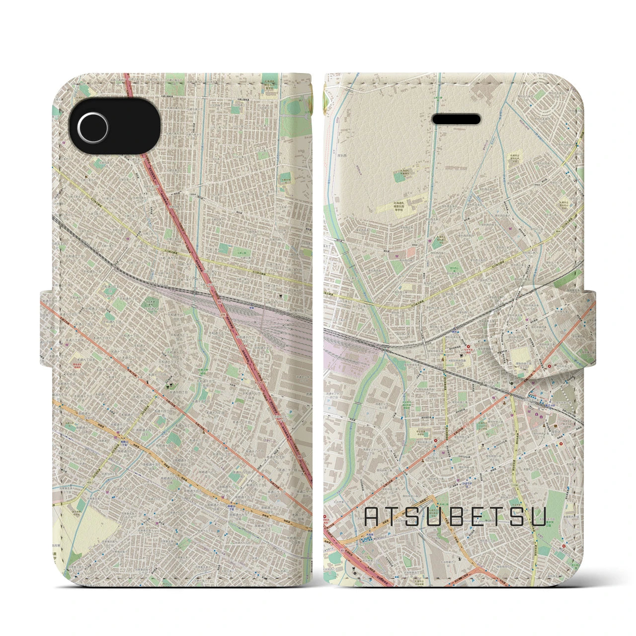 【厚別(北海道)】地図柄iPhoneケース(手帳タイプ)ナチュラル・iPhone SE(第3 / 第2世代) / 8 / 7 / 6s / 6 用