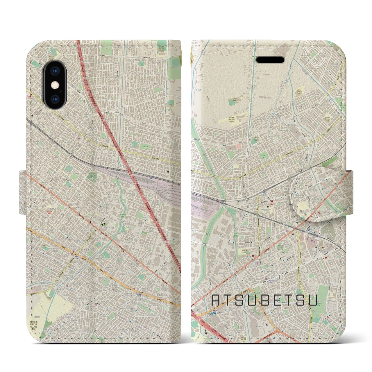 【厚別(北海道)】地図柄iPhoneケース(手帳タイプ)ナチュラル・iPhone XS / X 用