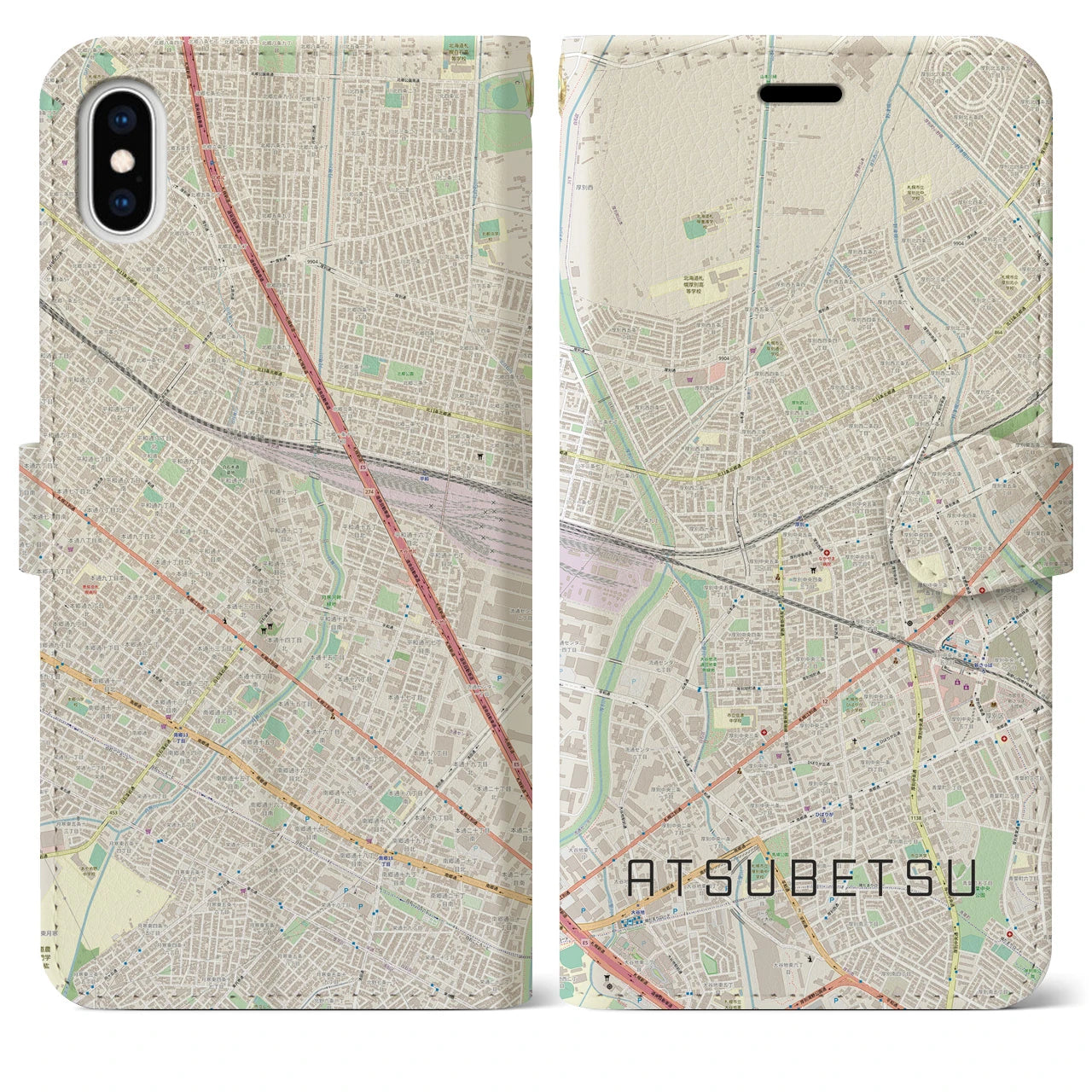 【厚別(北海道)】地図柄iPhoneケース(手帳タイプ)ナチュラル・iPhone XS Max 用