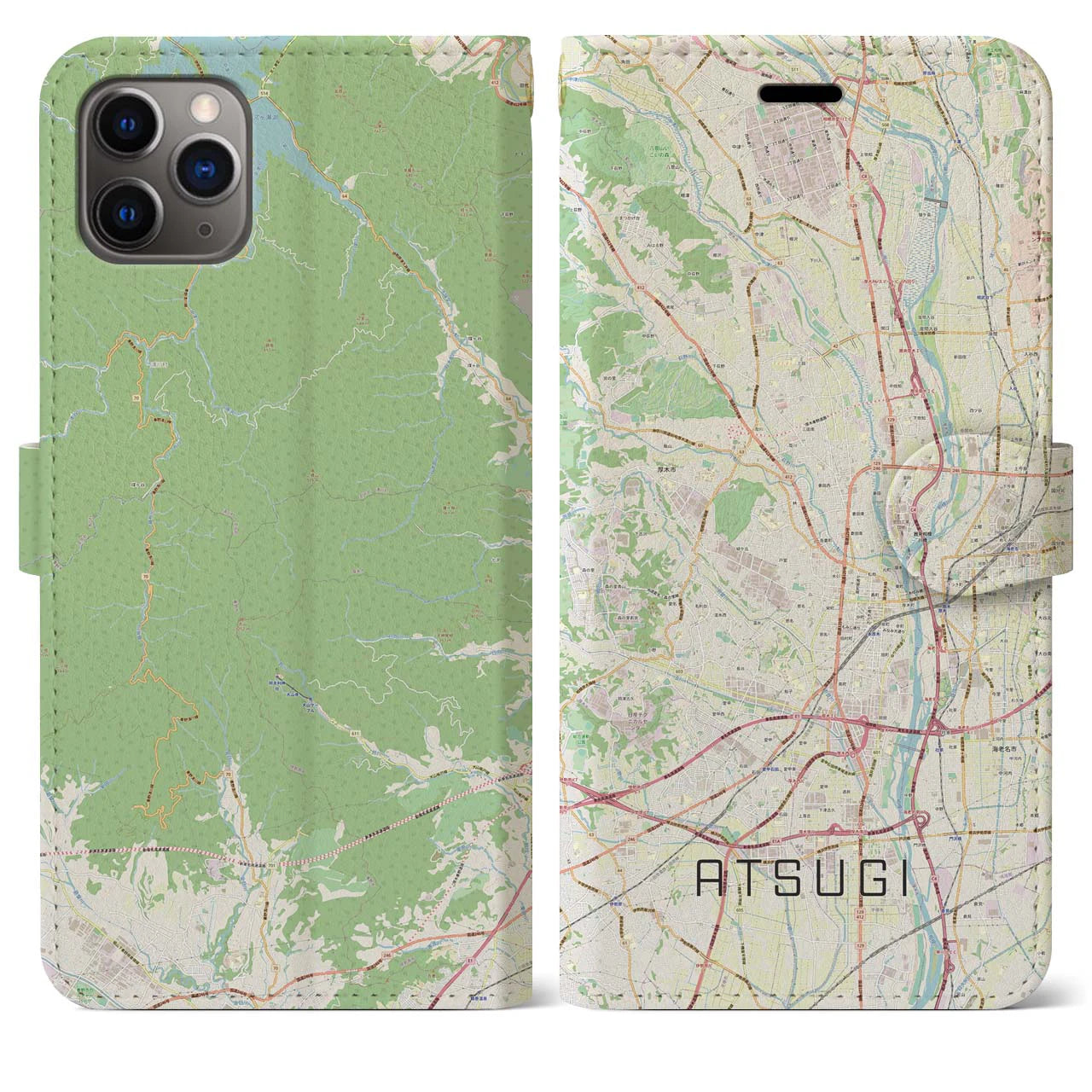 【厚木(神奈川県)】地図柄iPhoneケース(手帳タイプ)ナチュラル・iPhone 11 Pro Max 用