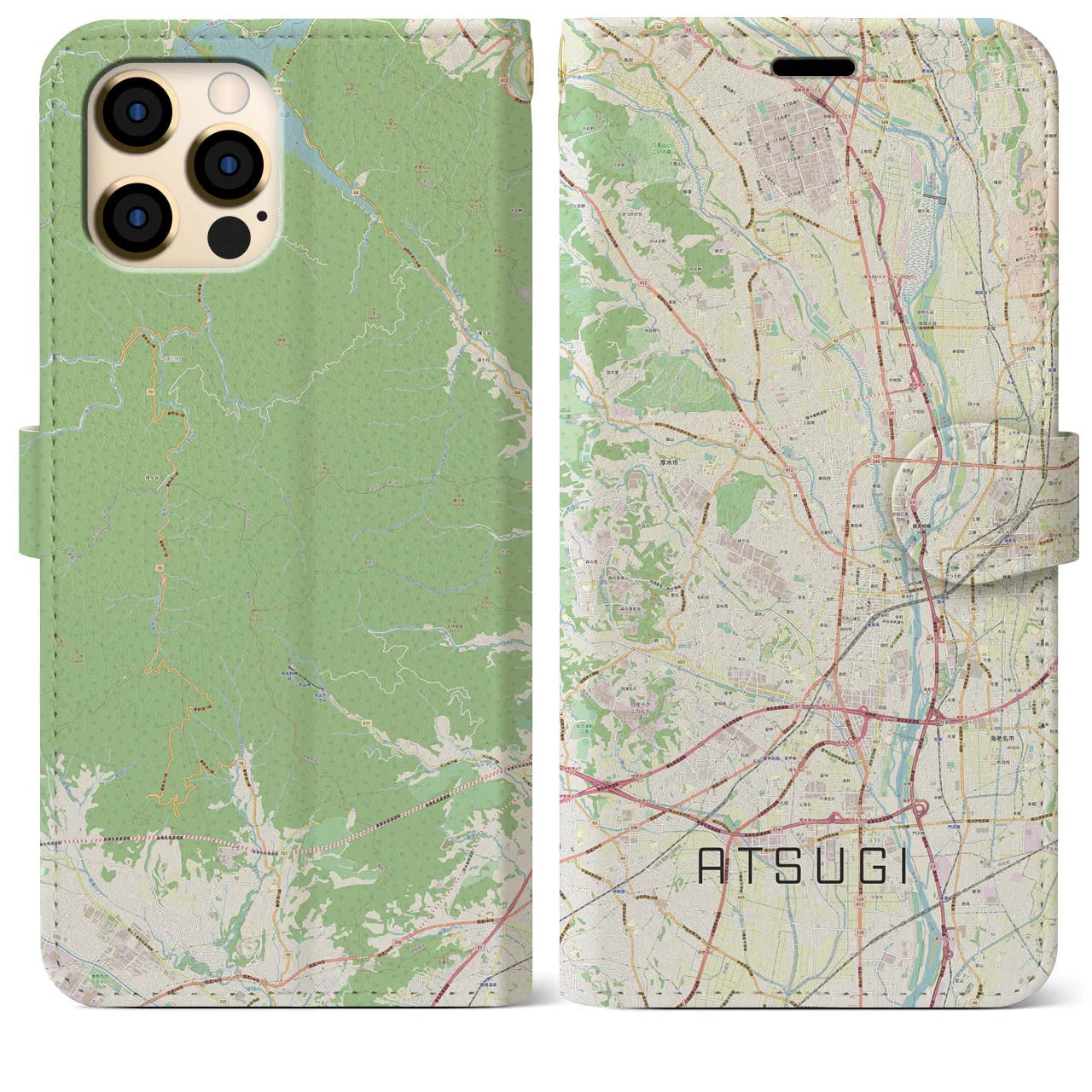 【厚木(神奈川県)】地図柄iPhoneケース(手帳タイプ)ナチュラル・iPhone 12 Pro Max 用