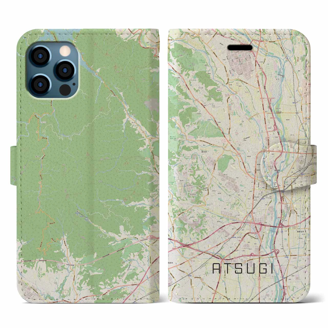 【厚木(神奈川県)】地図柄iPhoneケース(手帳タイプ)ナチュラル・iPhone 12 / 12 Pro 用