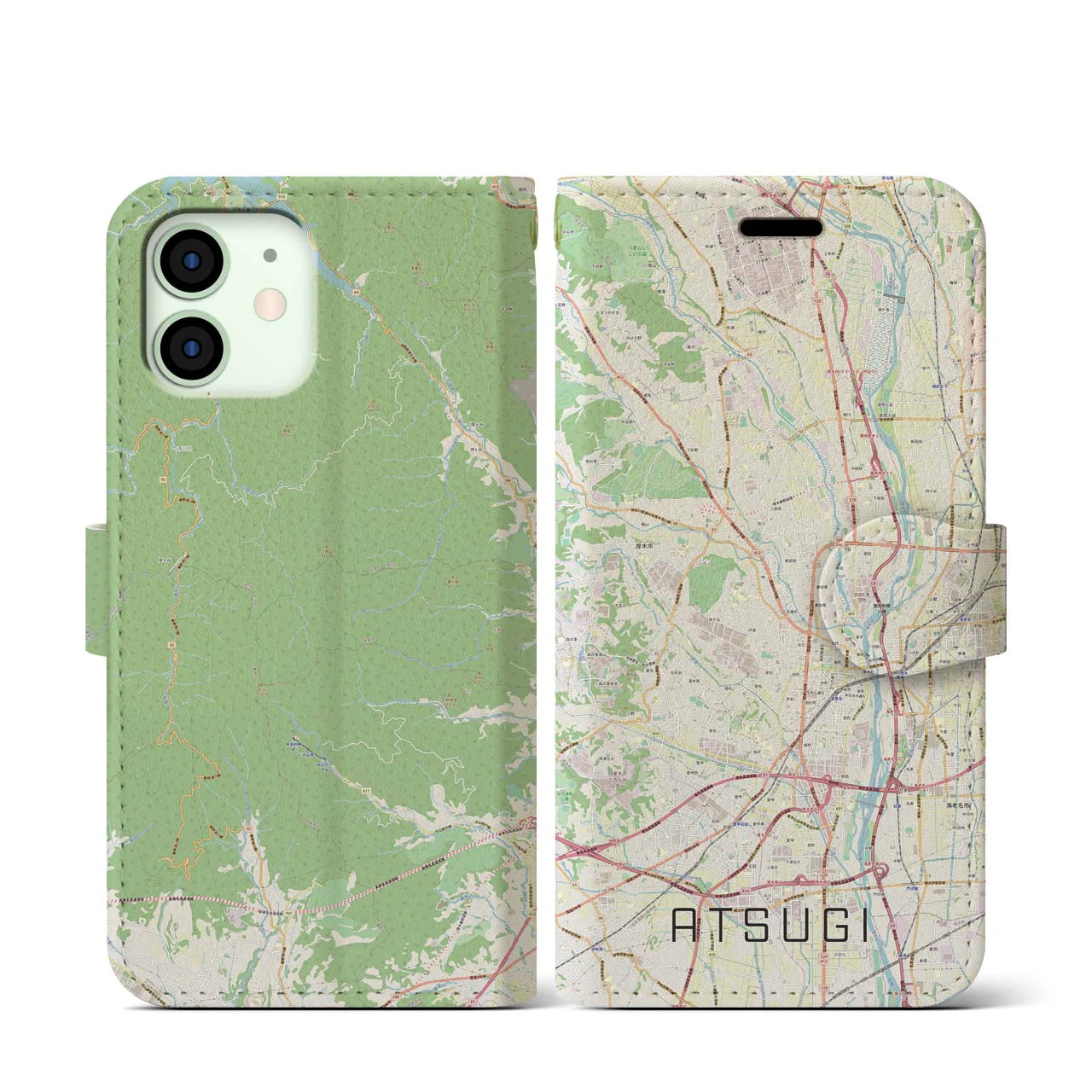 【厚木(神奈川県)】地図柄iPhoneケース(手帳タイプ)ナチュラル・iPhone 12 mini 用