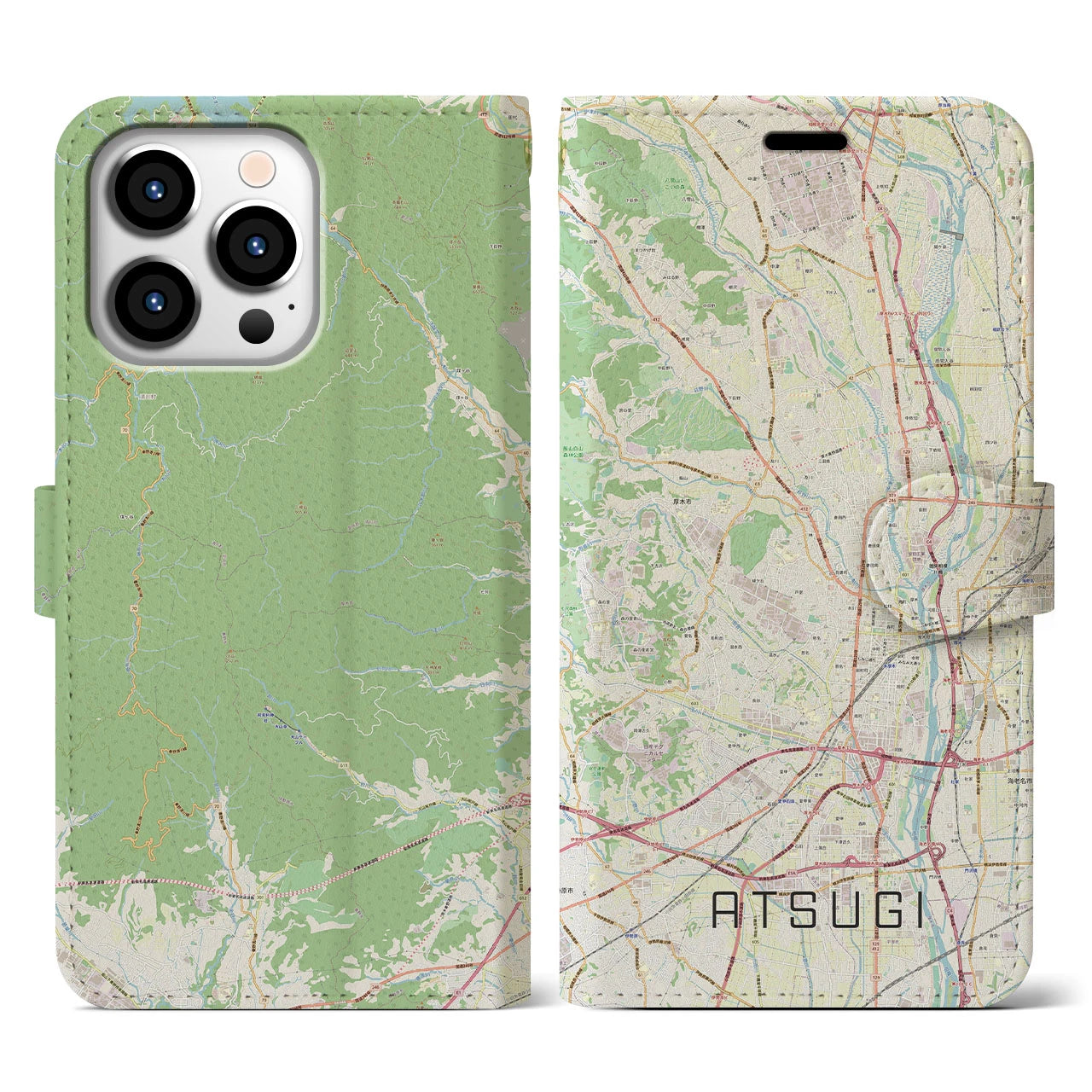 【厚木(神奈川県)】地図柄iPhoneケース(手帳タイプ)ナチュラル・iPhone 13 Pro 用