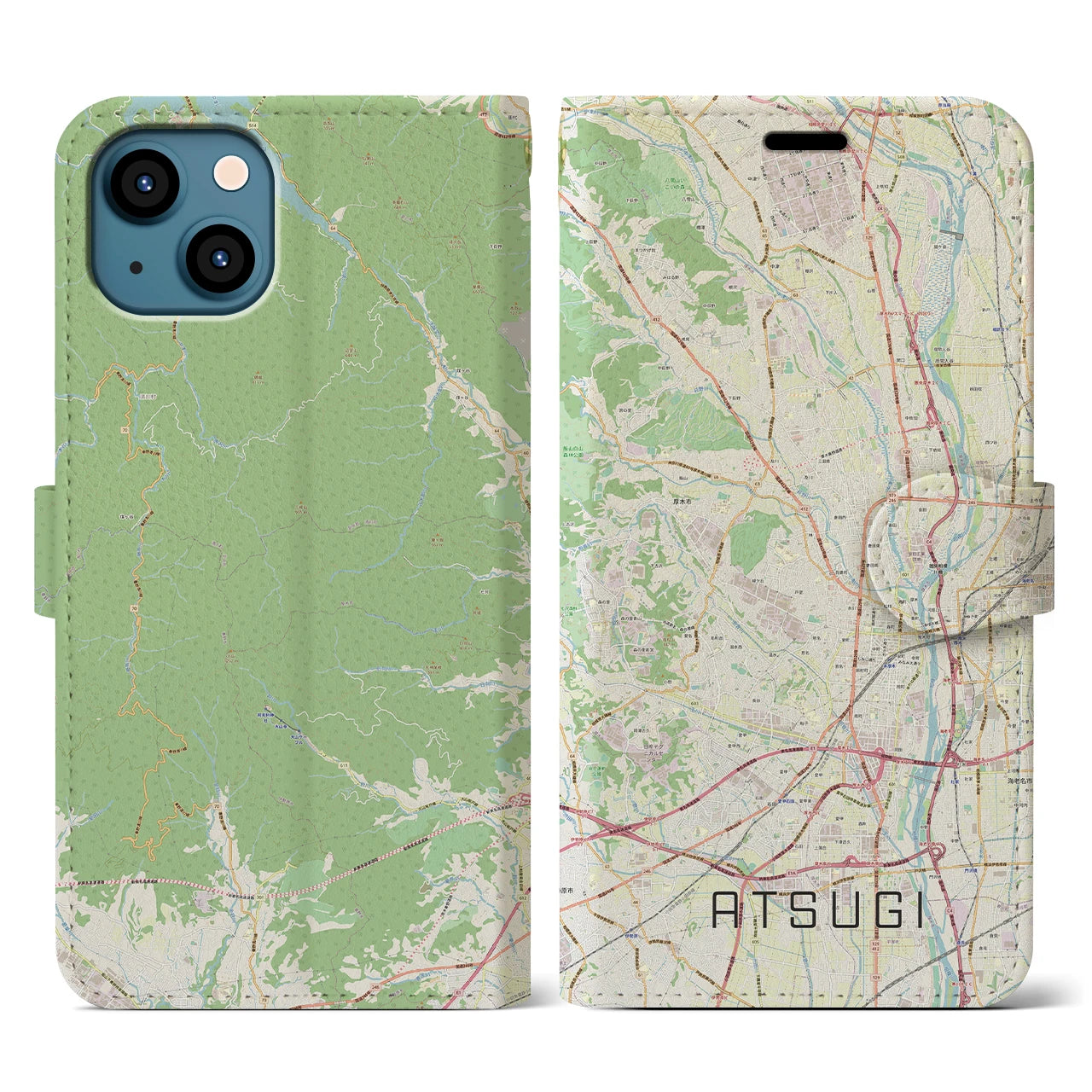 【厚木(神奈川県)】地図柄iPhoneケース(手帳タイプ)ナチュラル・iPhone 13 用
